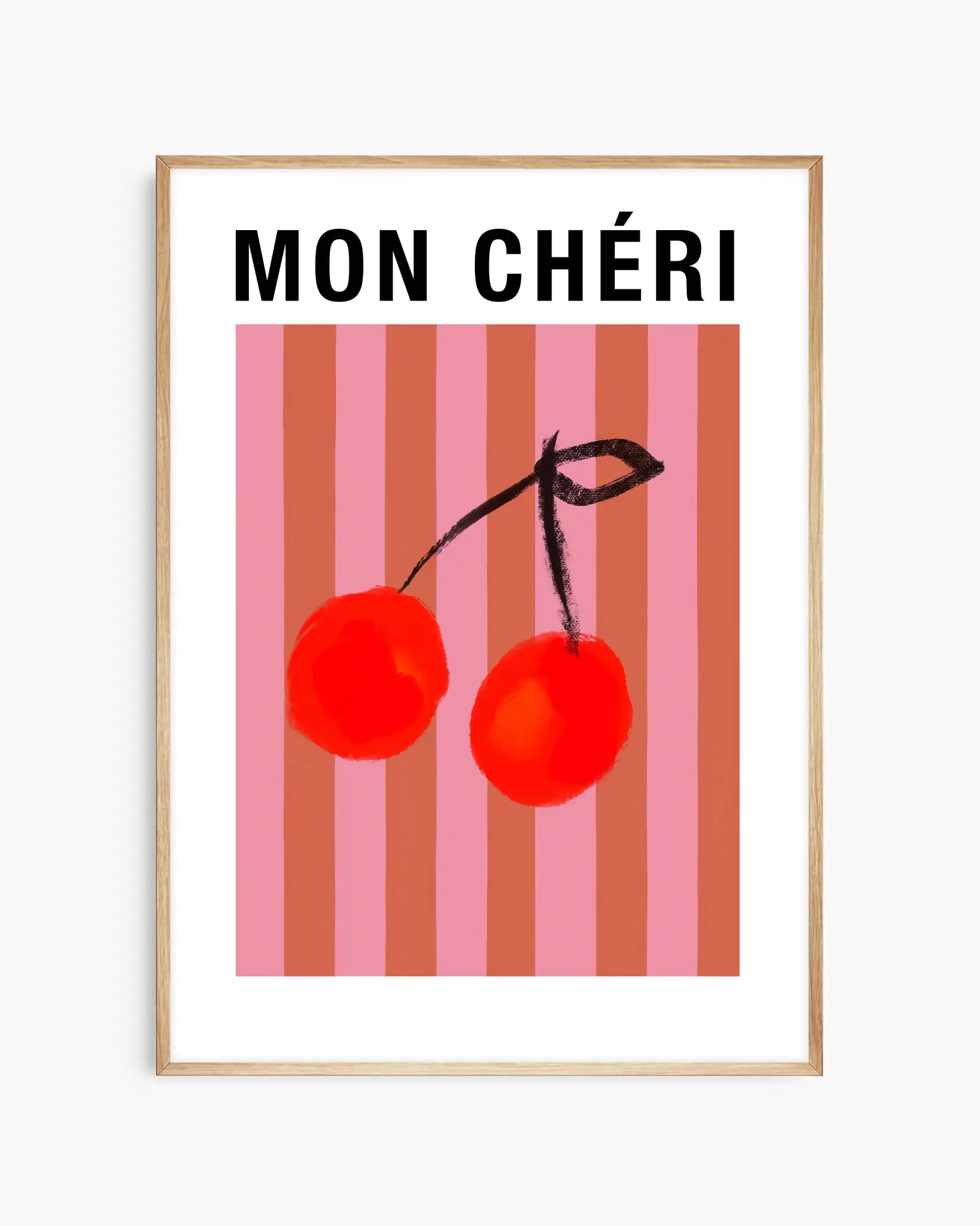 Framed artwork with red cherries and 'MON CHÓRI' text on a striped background