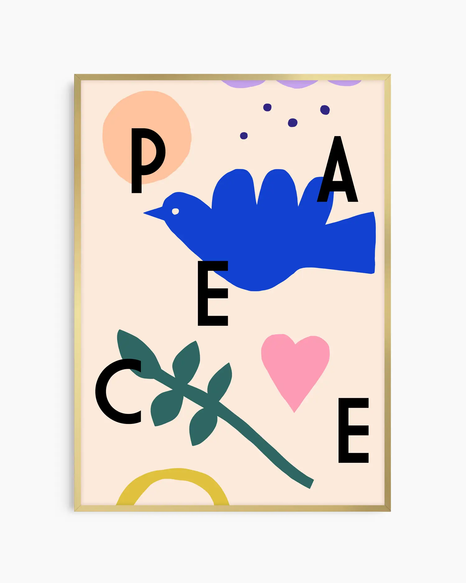 Poster with abstract design featuring a blue bird, green leaf, pink heart, and black letters on a beige background.