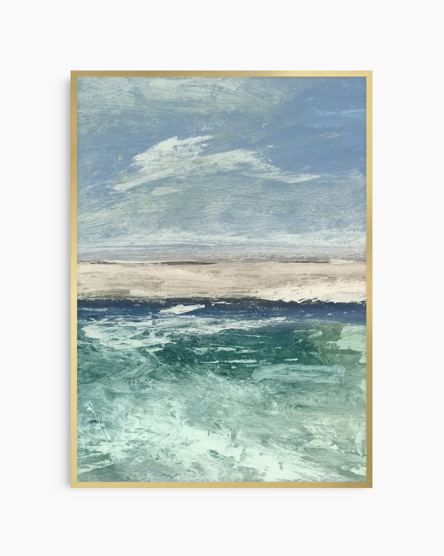 Framed artwork of a seascape with blue sky, clouds, and ocean.