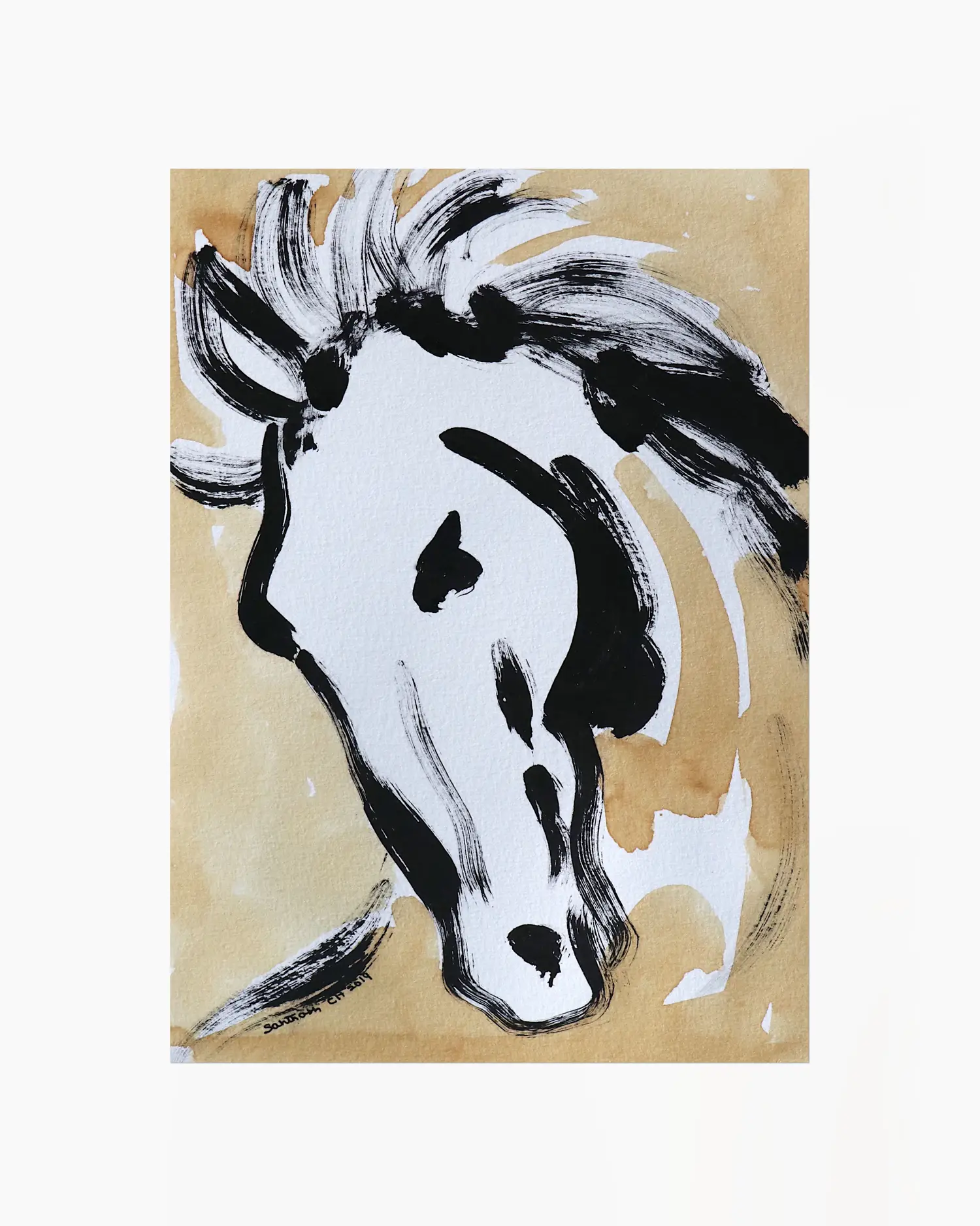 Artistic depiction of a horse's head with black and white brush strokes on a beige background