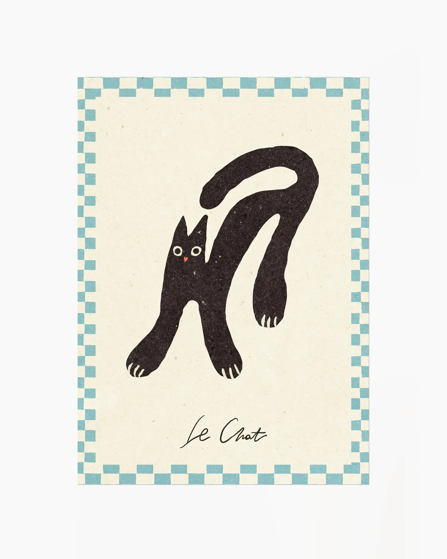 Illustration of a black cat on a beige background with a blue checkered border