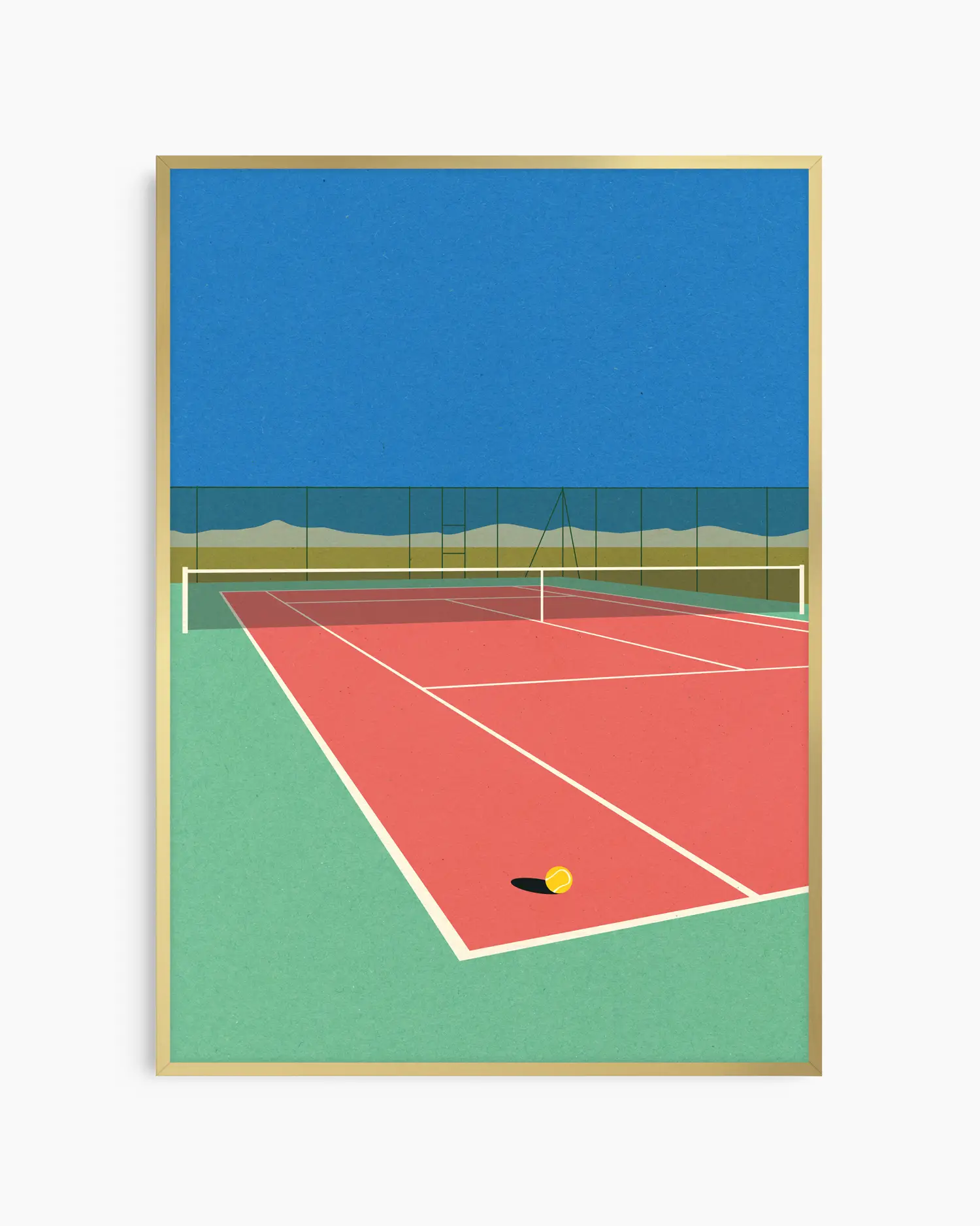 Framed artwork of a tennis court with a blue sky and green and red court surface.