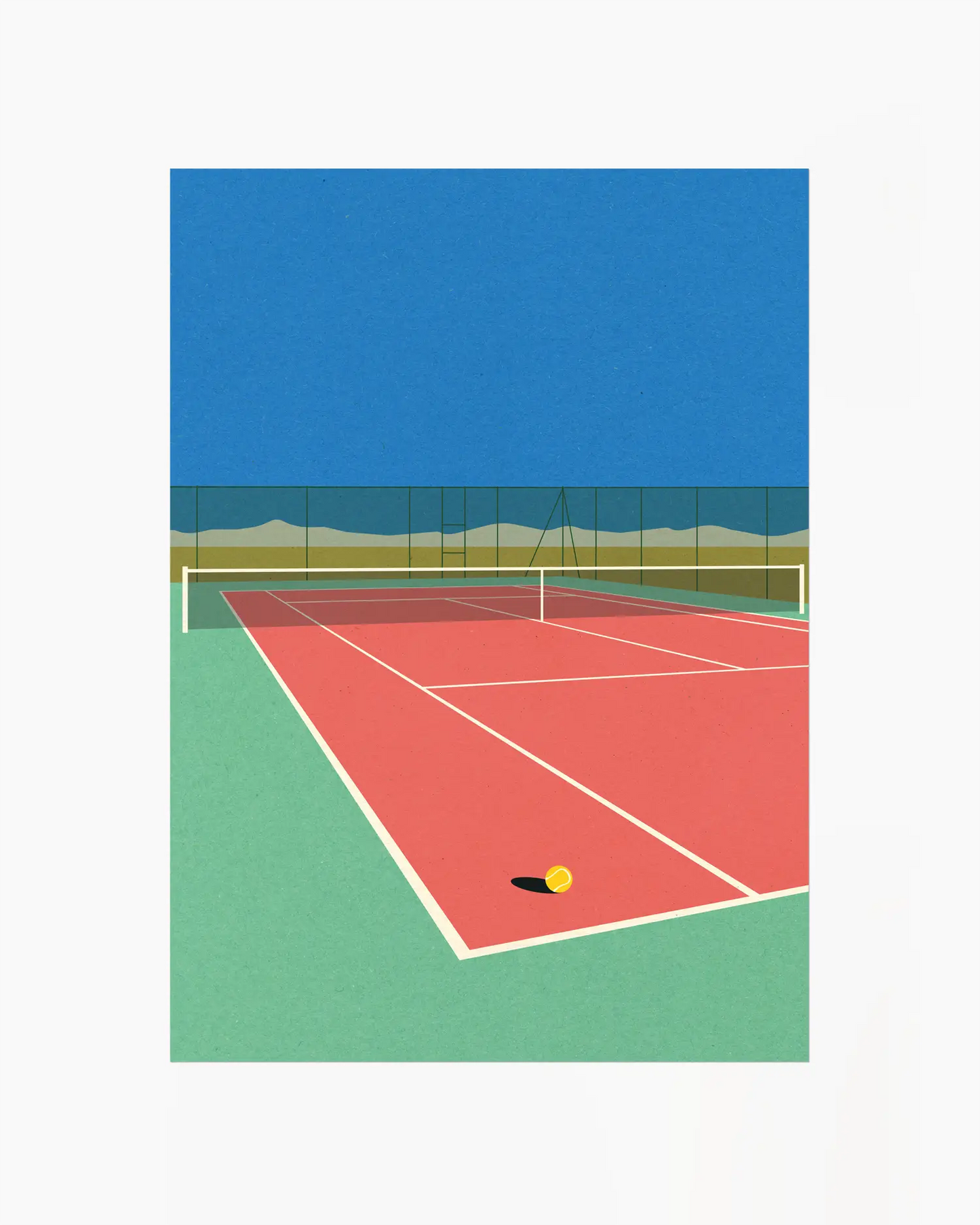 Tennis court with a blue sky and green and red surface.