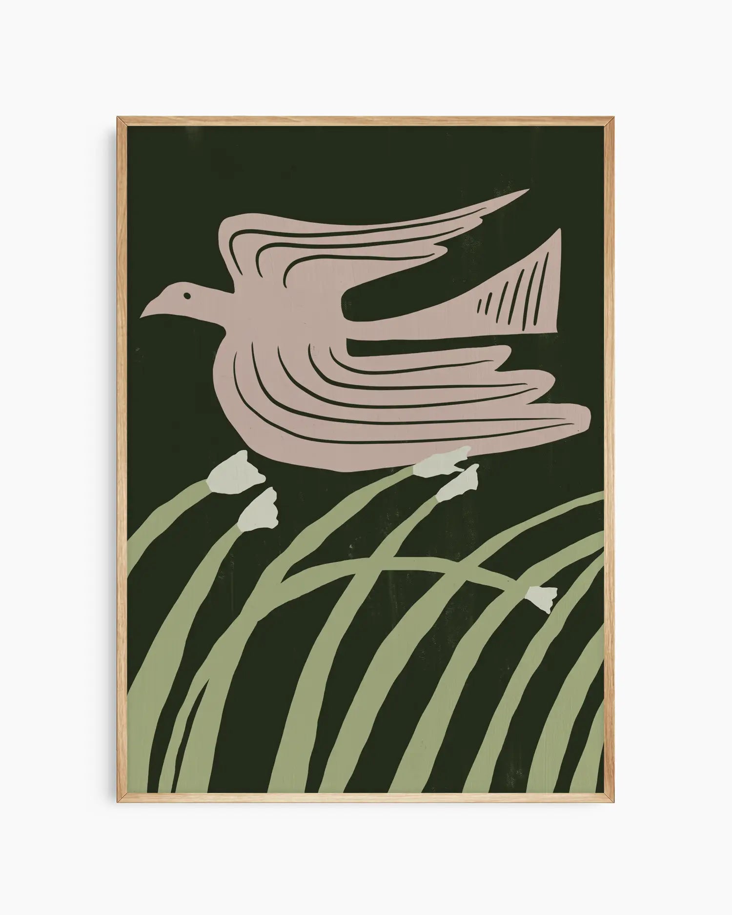 Framed artwork of a bird and grasses on a dark green background