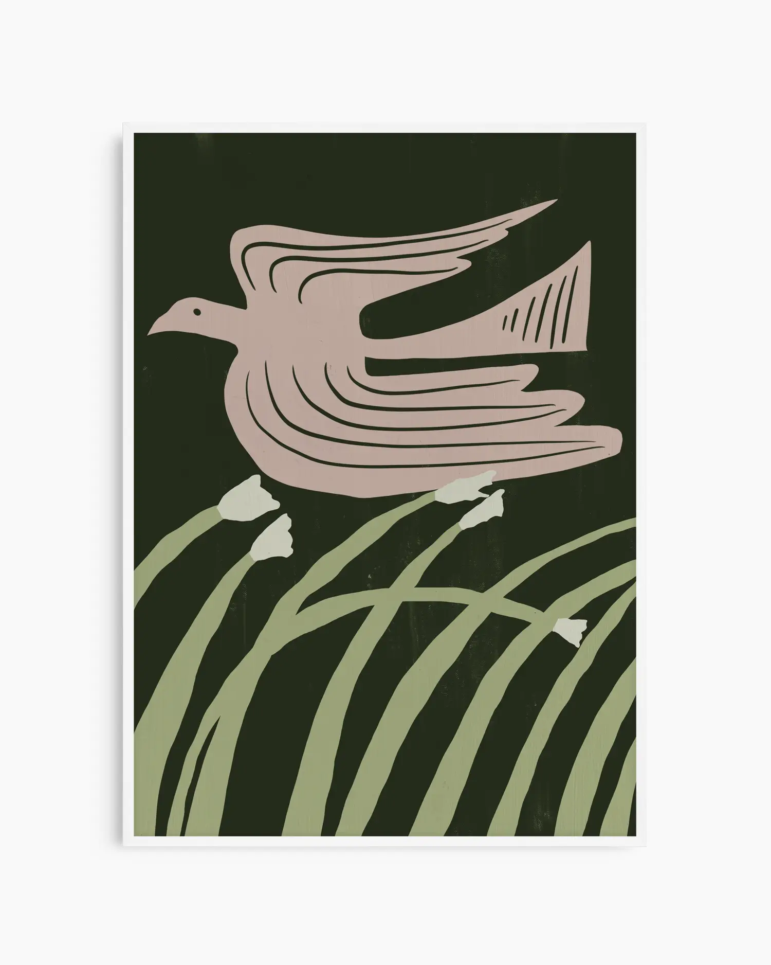 Decorative card with a bird and grass design on a dark green background