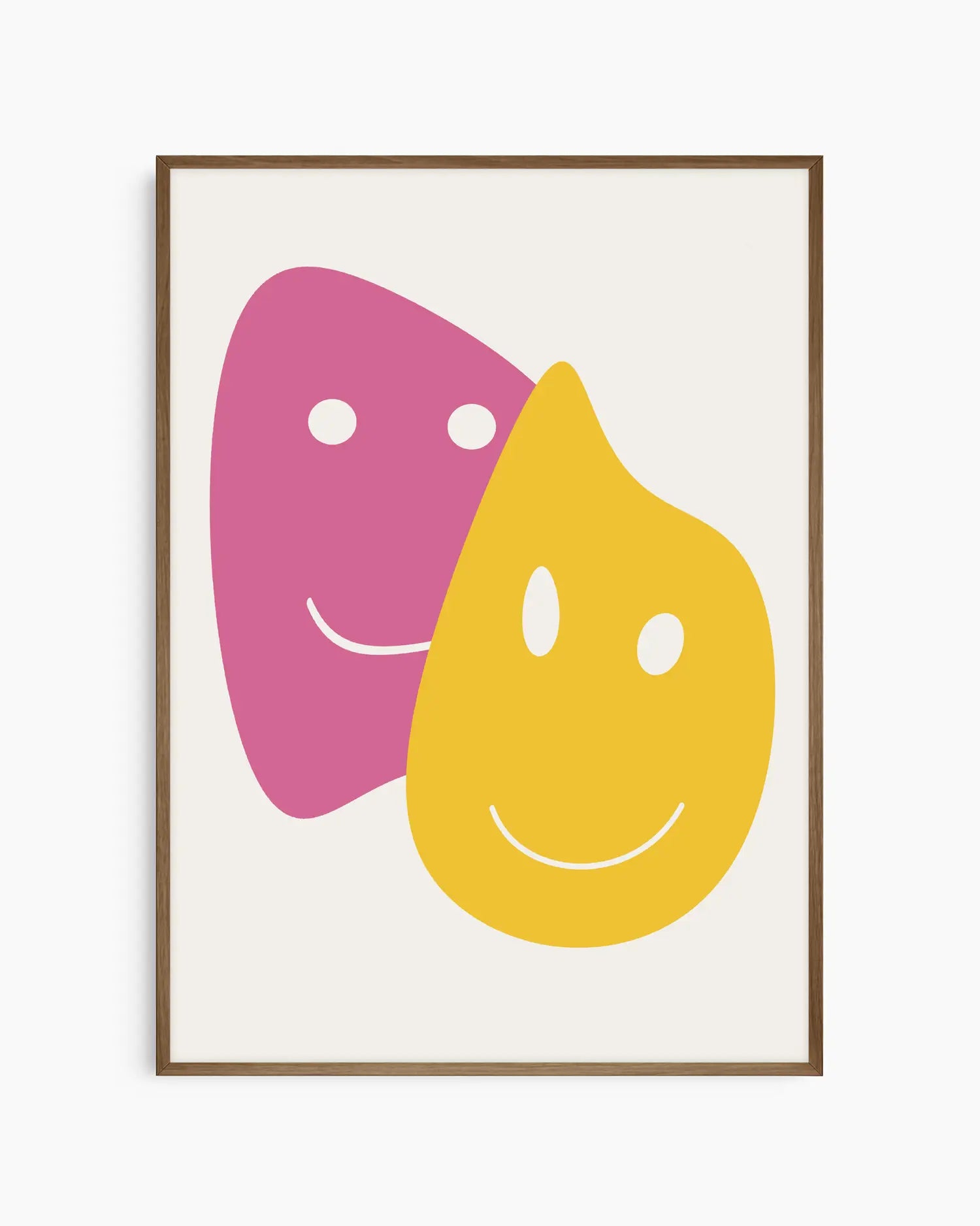 Framed artwork with pink and yellow abstract shapes on a white background