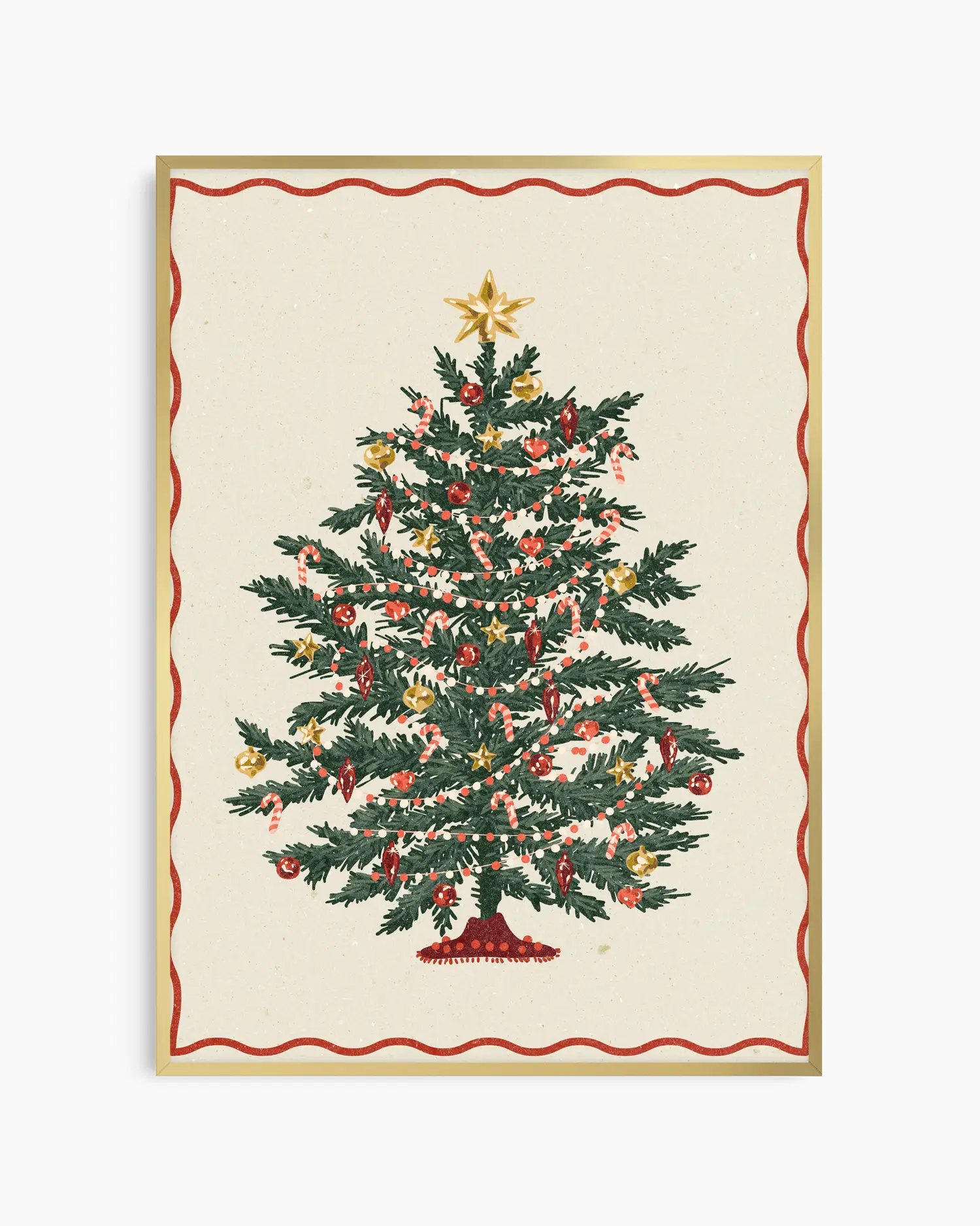 Decorative Christmas tree print on a white background with a red border
