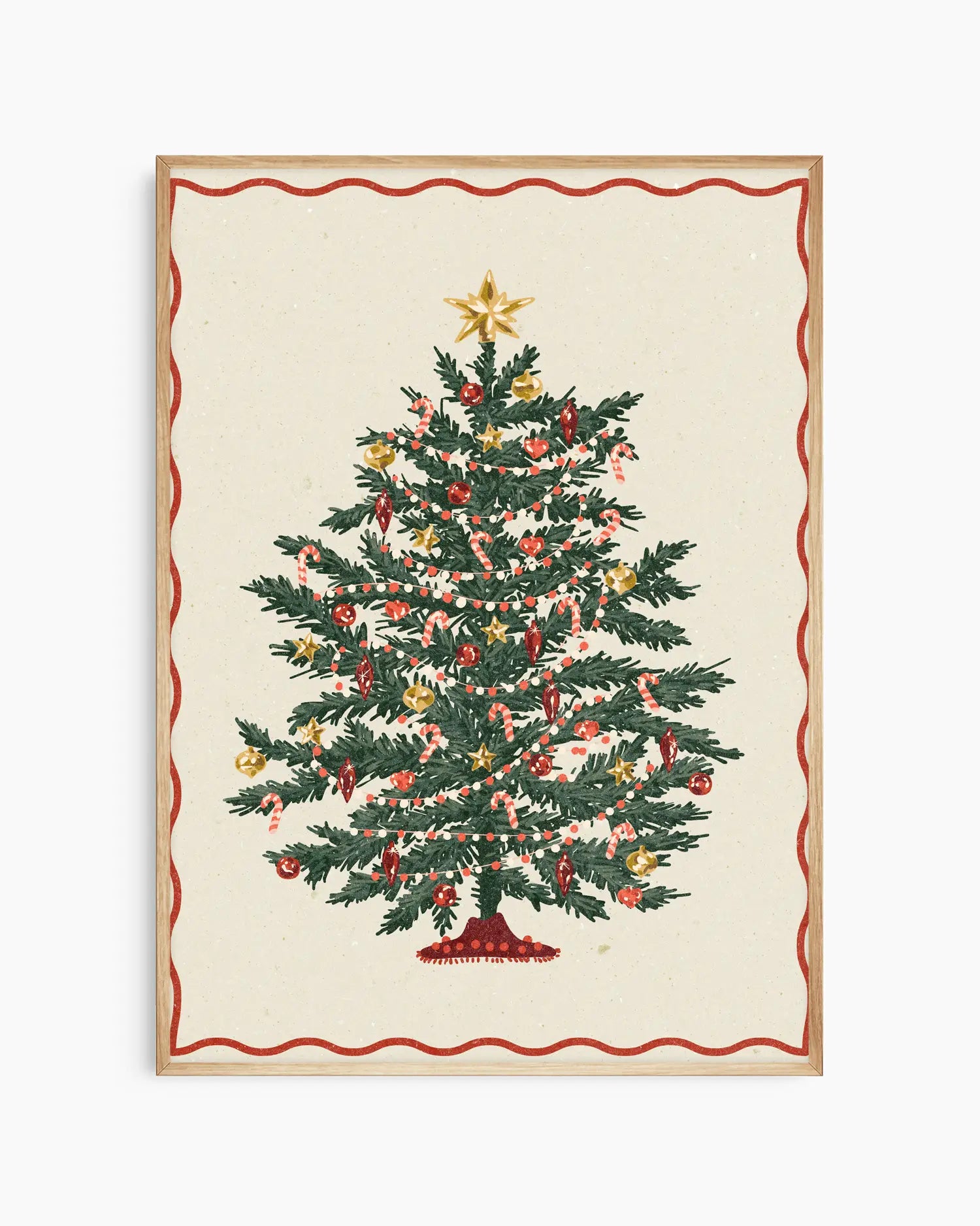 Decorative Christmas tree print on a white background with a red border