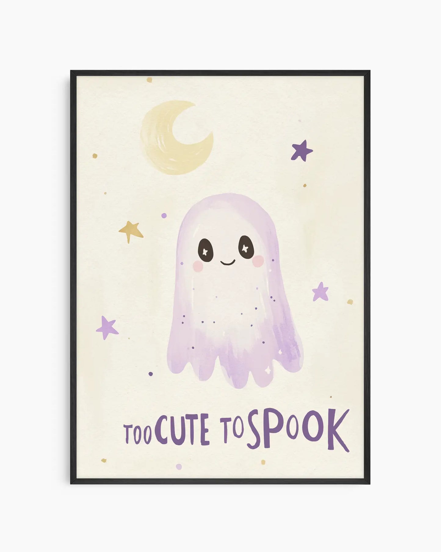 Framed artwork with a cute ghost illustration and text 'Too Cute to Spook' on a light background.