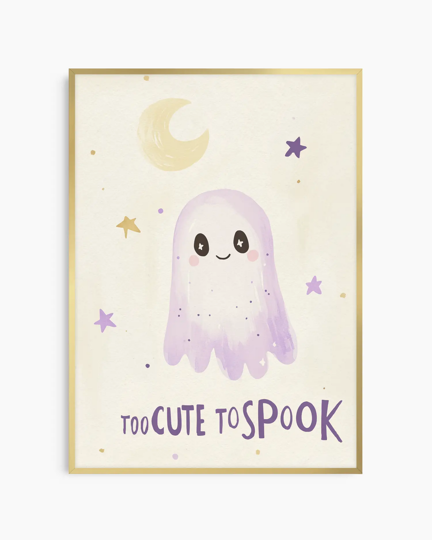 Framed artwork with a cute ghost illustration and text 'Too Cute to Spook' on a light background.
