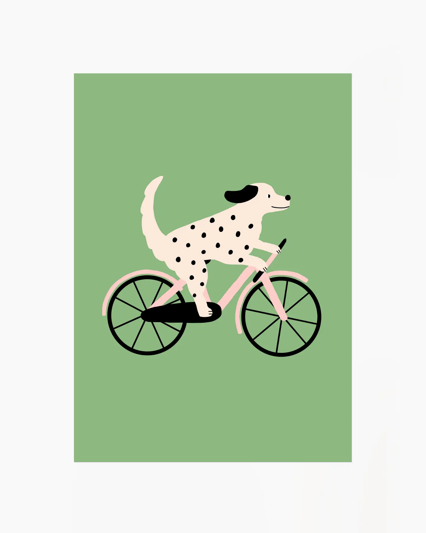 Illustration of a Dalmatian dog riding a bicycle on a green background