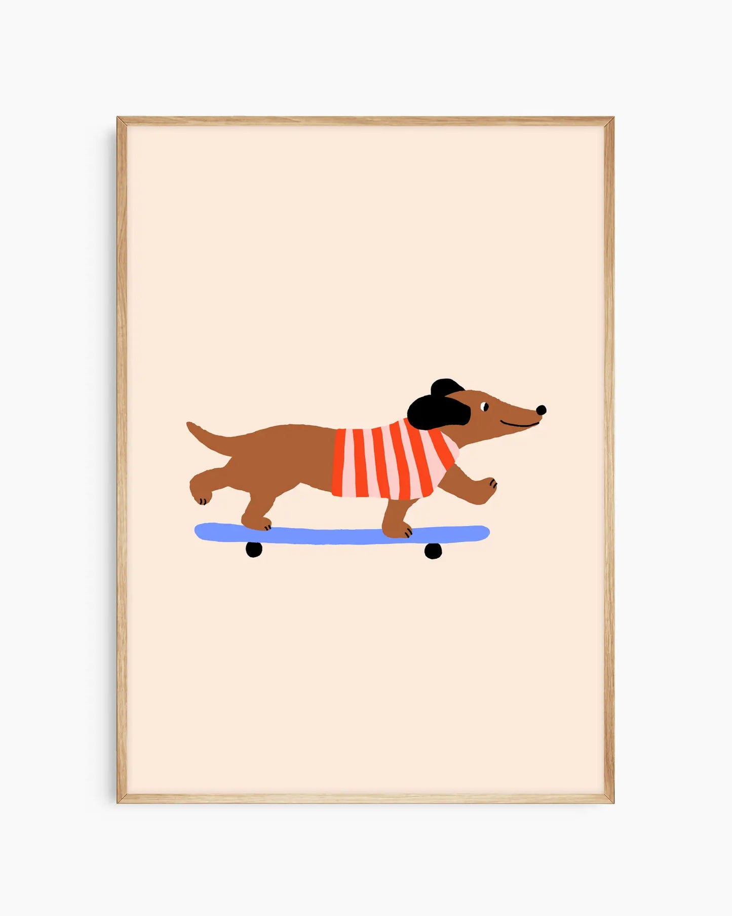 Framed artwork of a dachshund on a skateboard with a red sweater against a beige background
