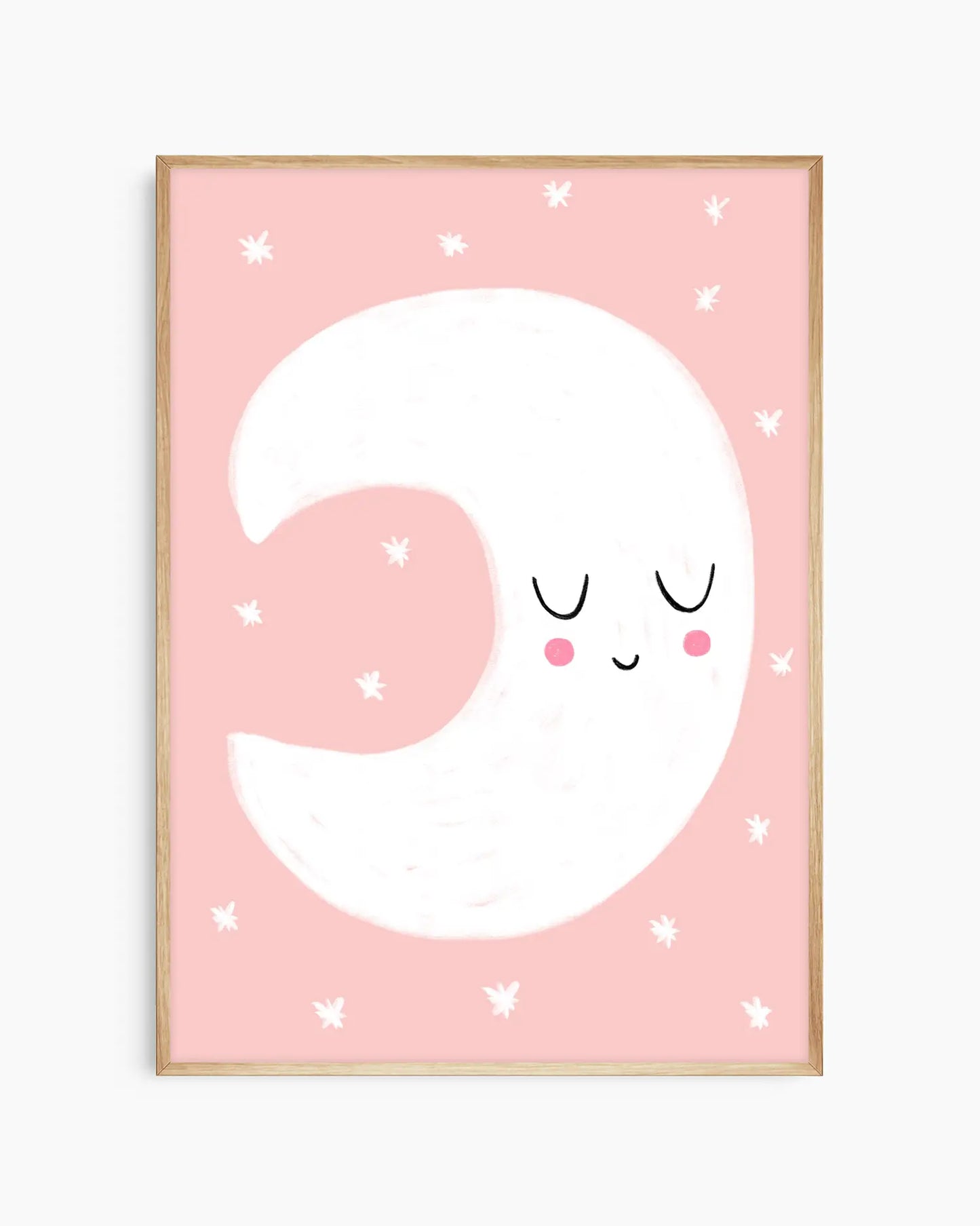 Framed artwork of a smiling moon on a pink background with white stars.