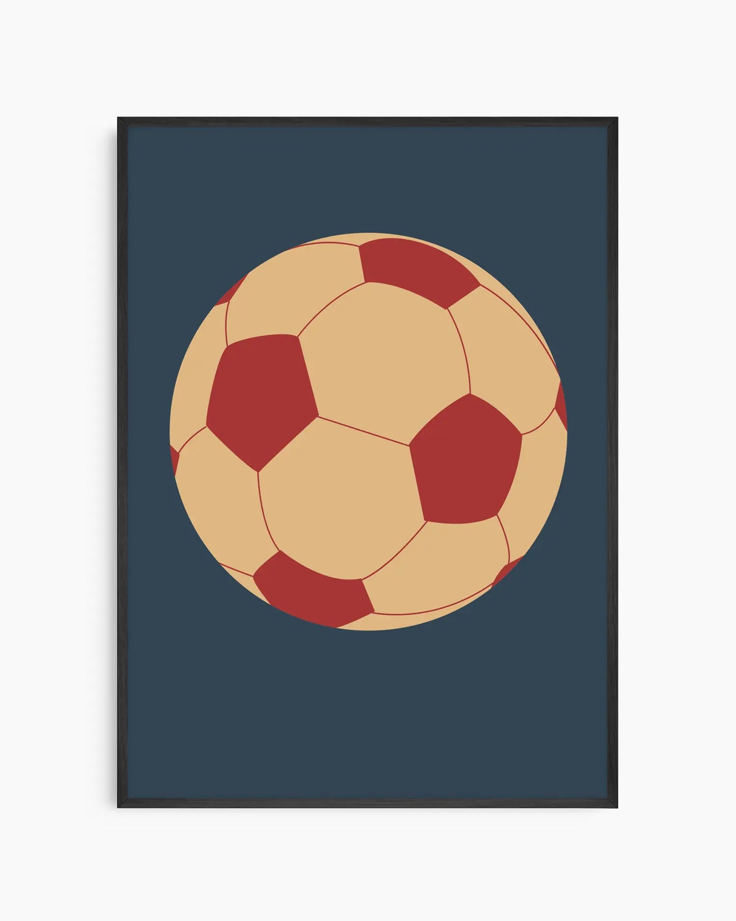 Framed artwork of a red and beige soccer ball on a dark blue background