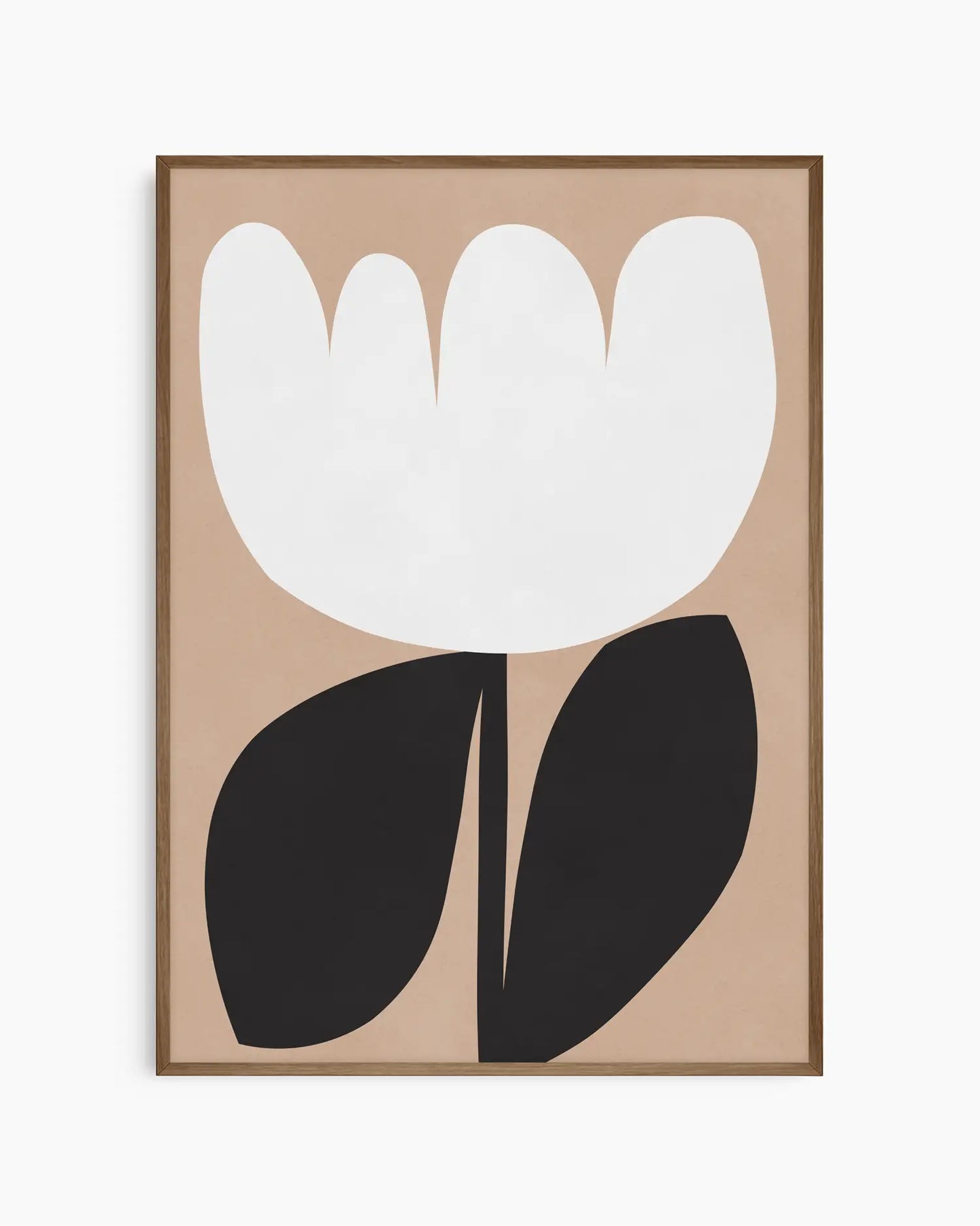 Framed artwork of a white tulip with black leaves on a beige background