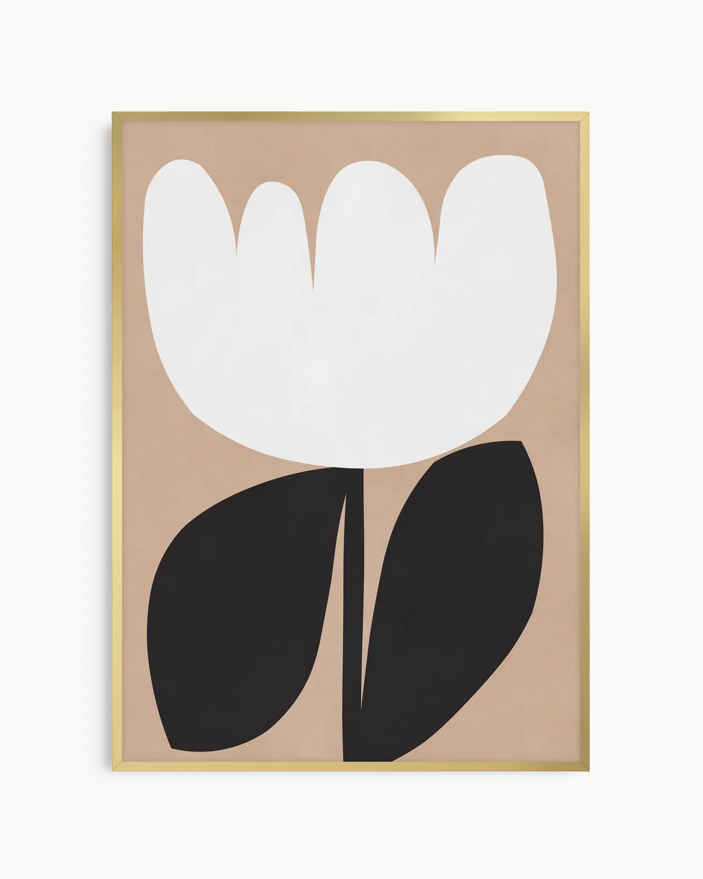 Framed artwork of a white flower with black leaves on a beige background