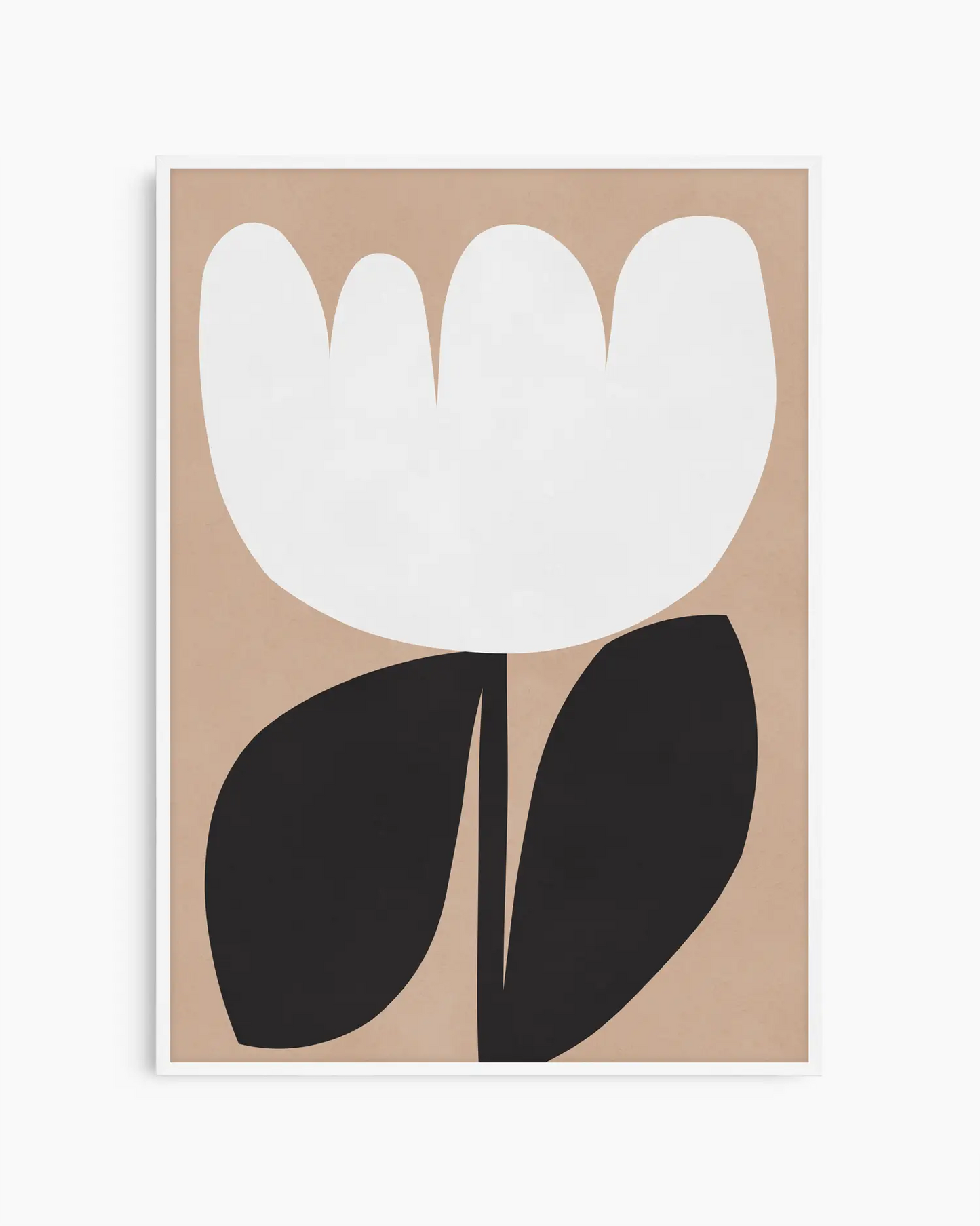 Poster with a white tulip flower and black leaves on a beige background
