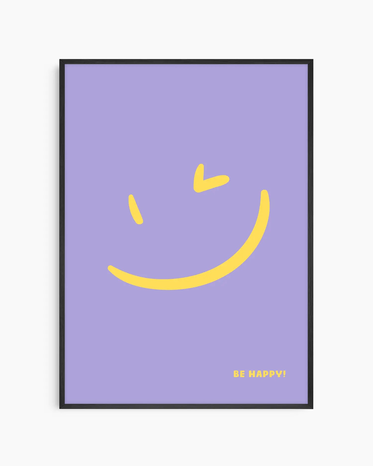 Nursery poster with a yellow smiley face and 'BE HAPPY!' text on a purple background framed in a black wooden frame.
