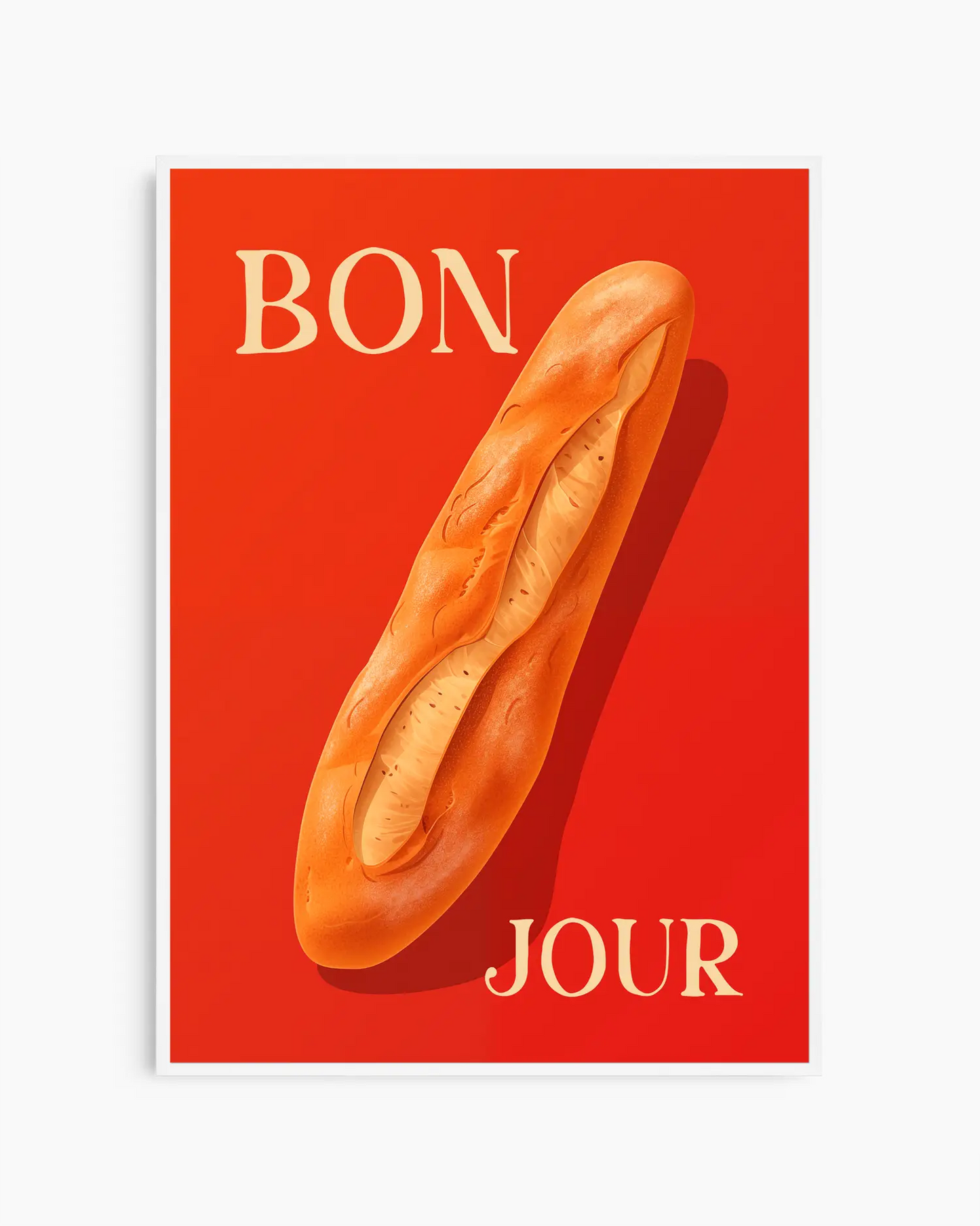 Nursery poster with a baguette on a red background with 'BONJOUR' text. Framed in a white wooden frame.