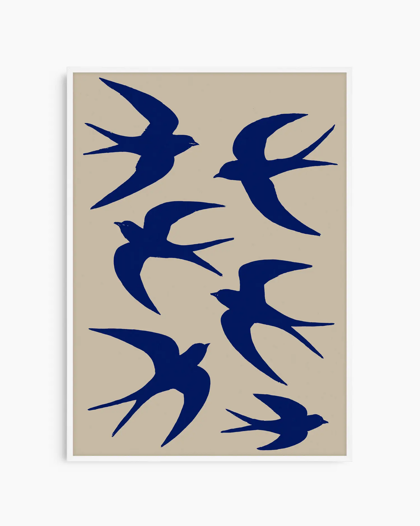 Set of six blue bird silhouettes on a beige background