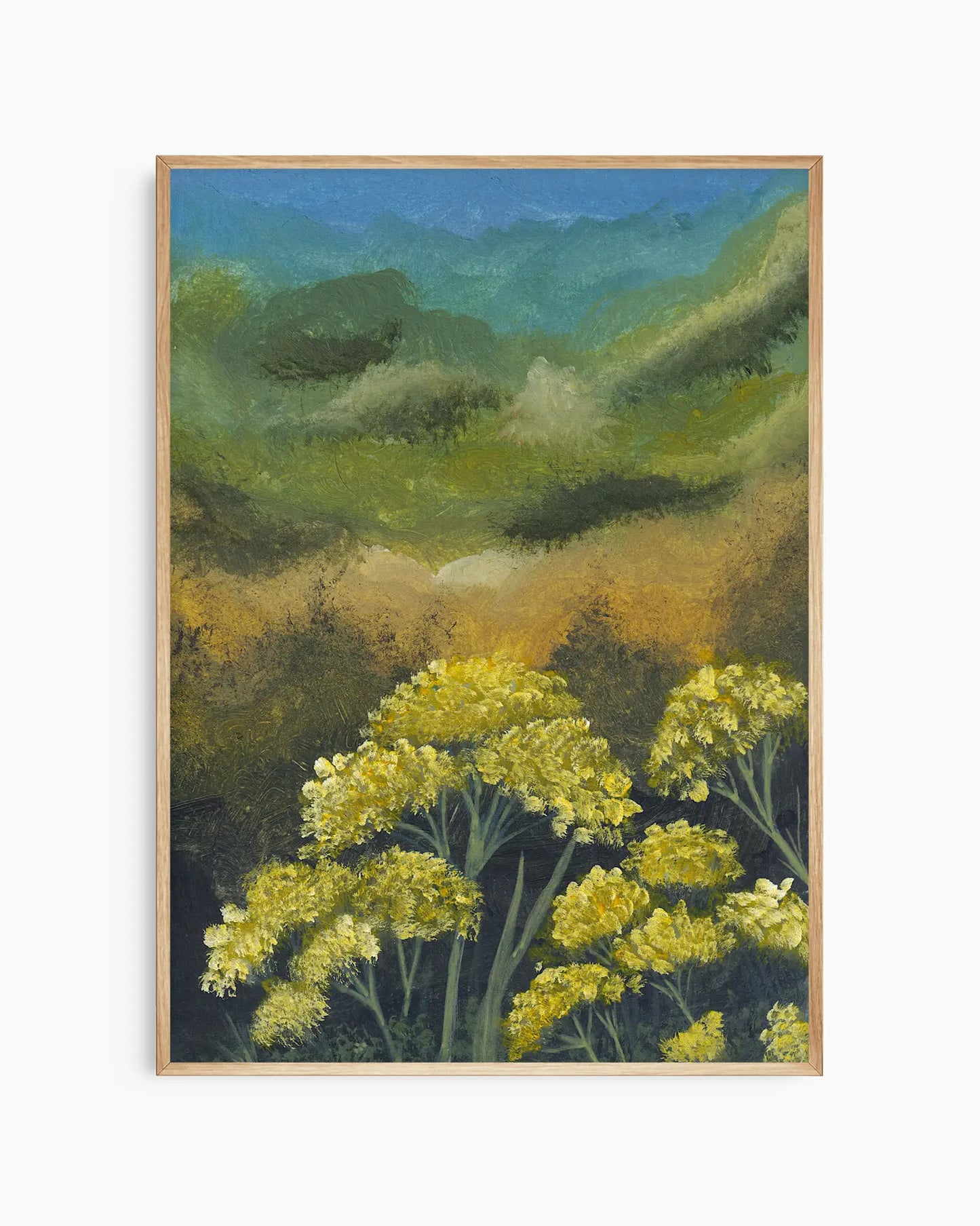 Framed painting of a landscape with yellow flowers and green hills.