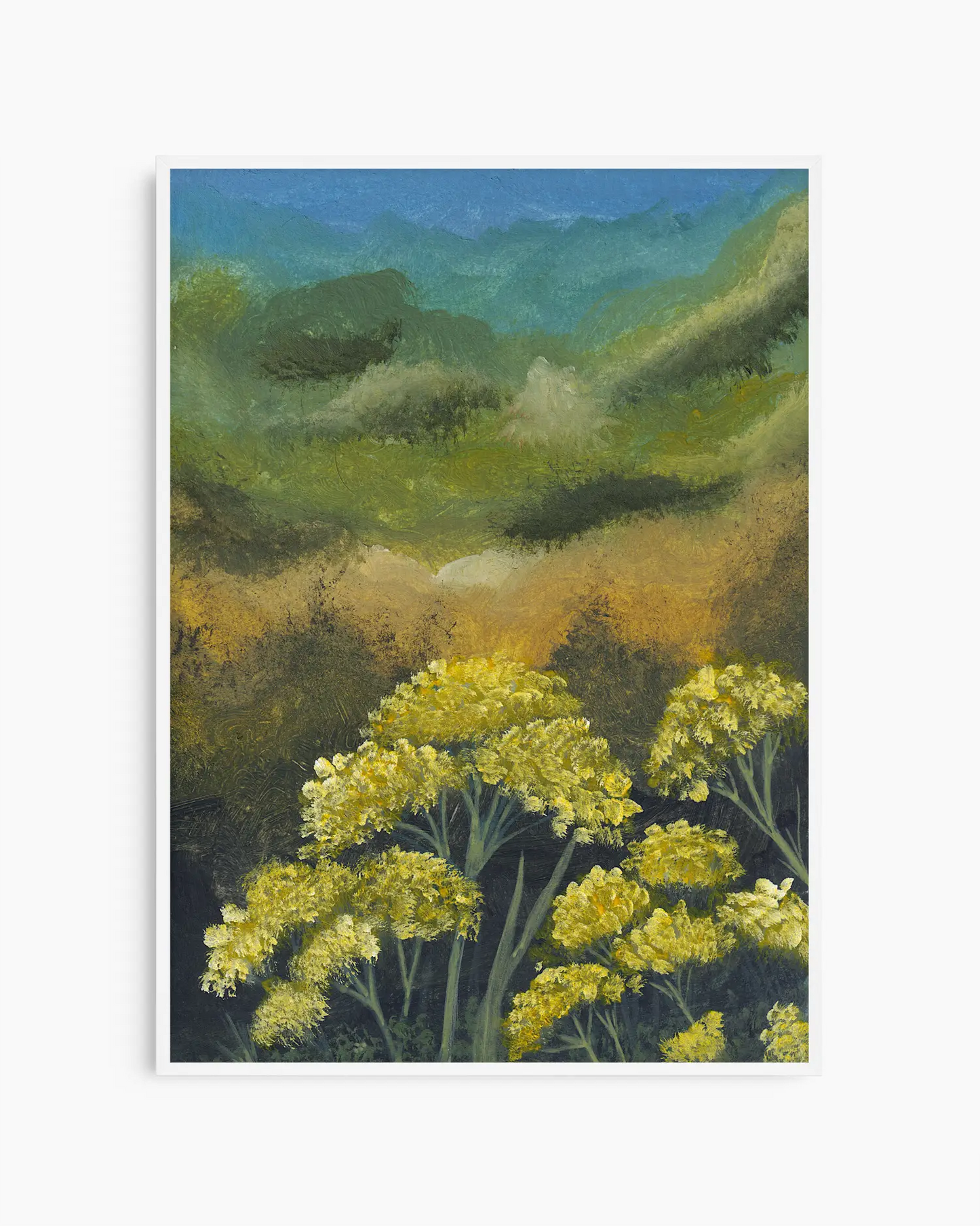 Painting of yellow flowers with a mountainous landscape in the background