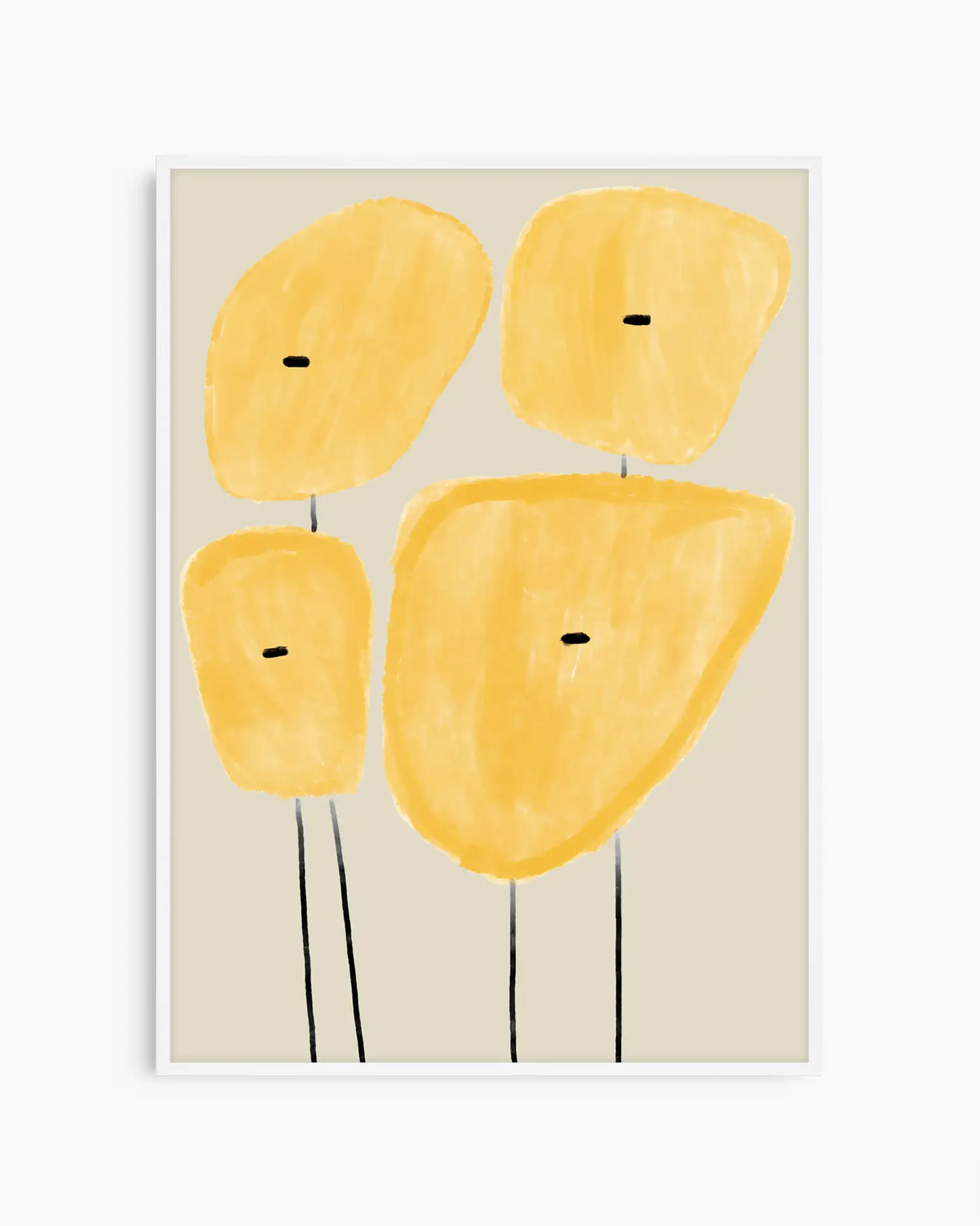 Abstract art print with yellow shapes on a beige background