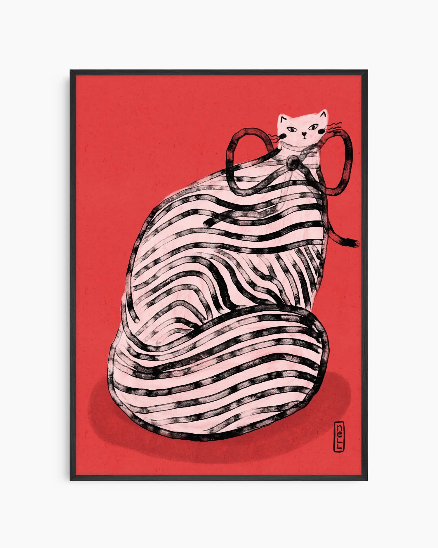 Framed artwork of a stylized cat with zebra stripes on a red background
