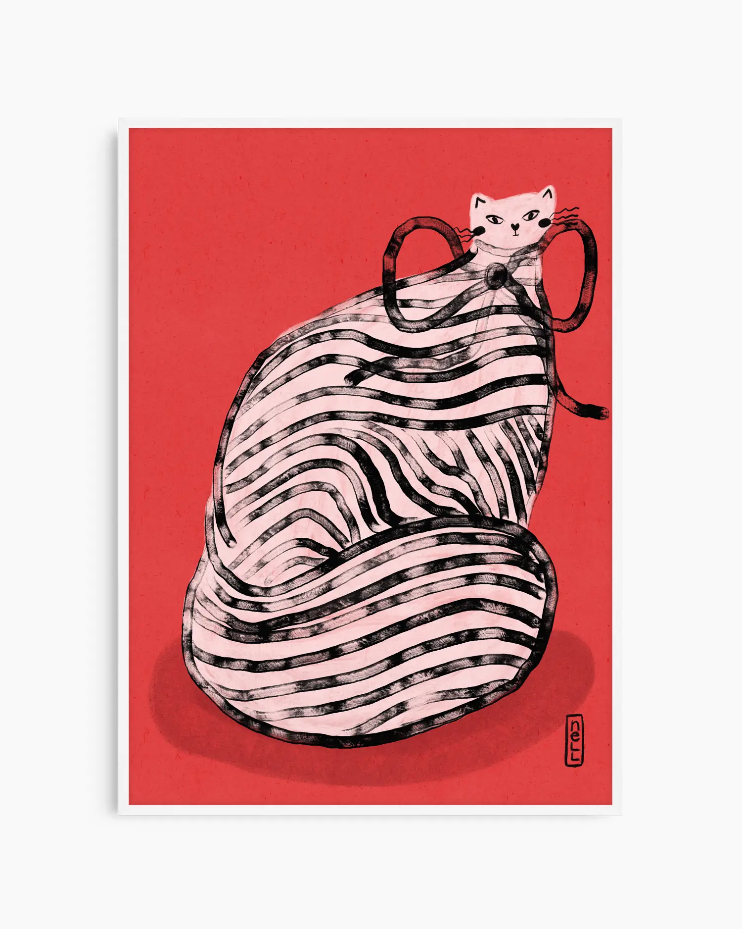 Illustration of a cat in a zebra-striped dress on a red background