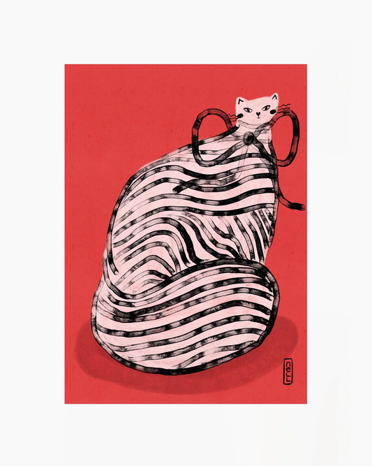 Illustration of a cat in a zebra-striped dress on a red background