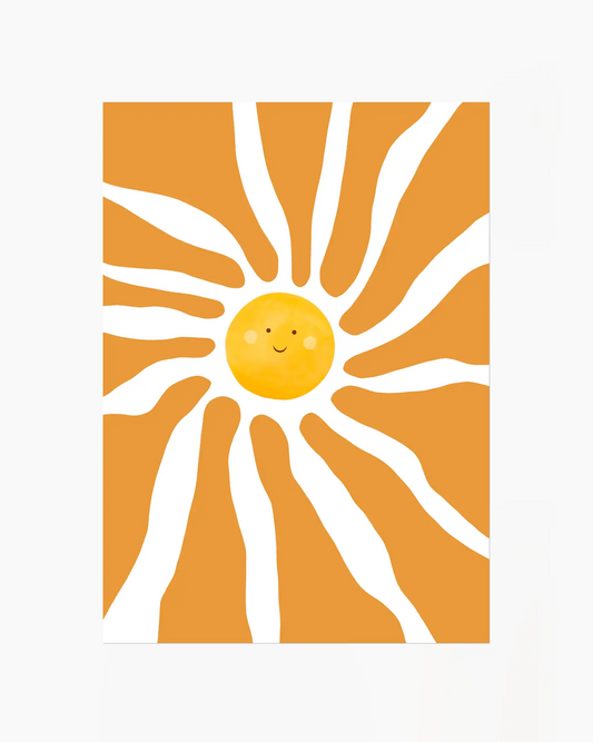 Sunny design with a smiling sun in the center on an orange background