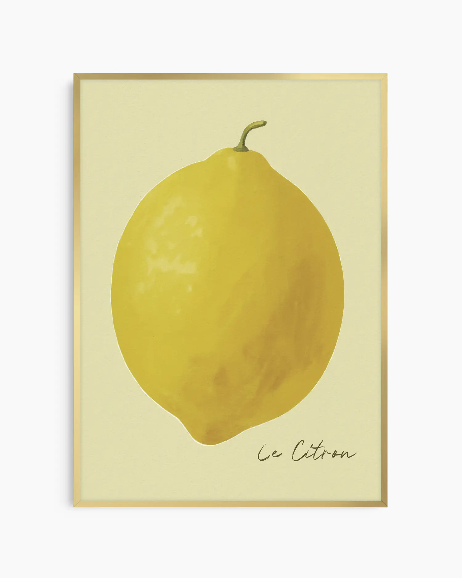 Framed artwork of a lemon with 'Le Citron' text on a light background in a golden aluminium frame.