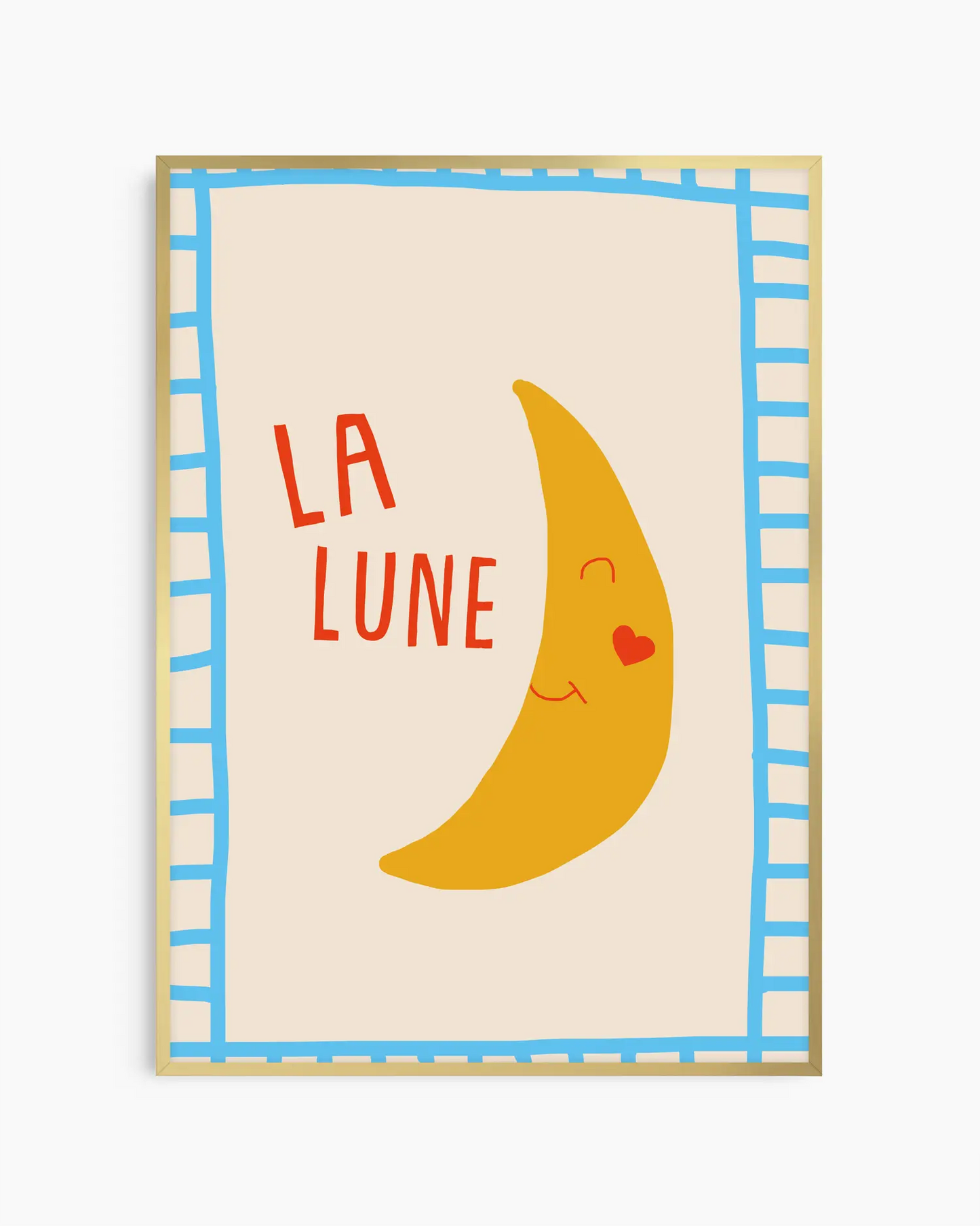 Framed artwork with a yellow moon and 'LA LUNE' text on a beige background