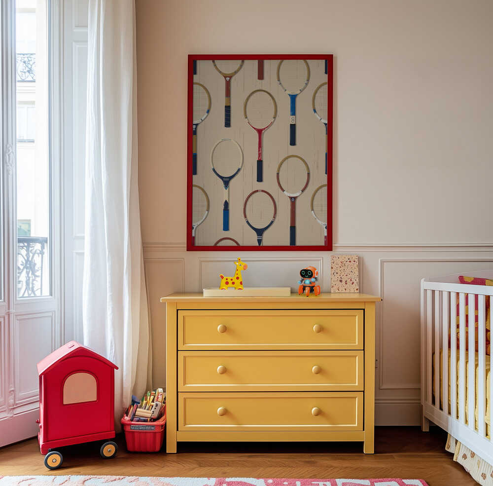 Framed poster of badminton rackets hanging in the children's room above a yellow piece of furniture.