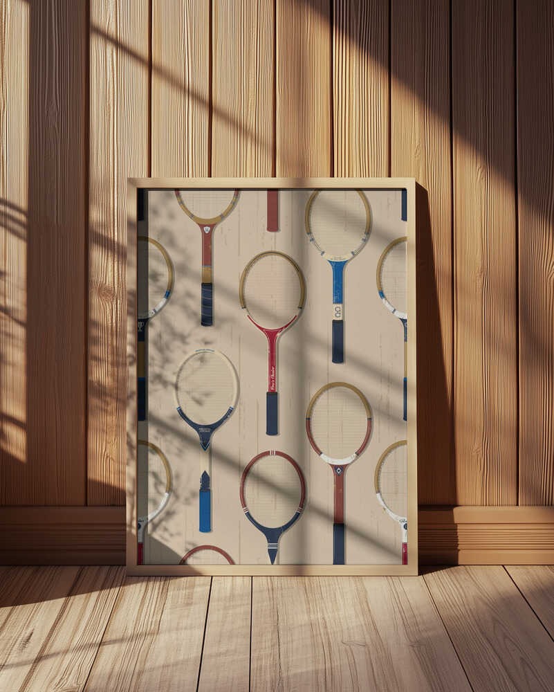 Framed artwork of badminton rackets leaning against a wooden wall.