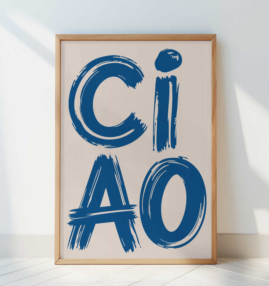 Framed poster with the text 'CIAO' written in blue leaning against a white wall.