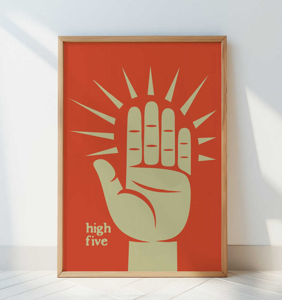 Nursery poster of a high five hand on a red background, leaning against a white wall.