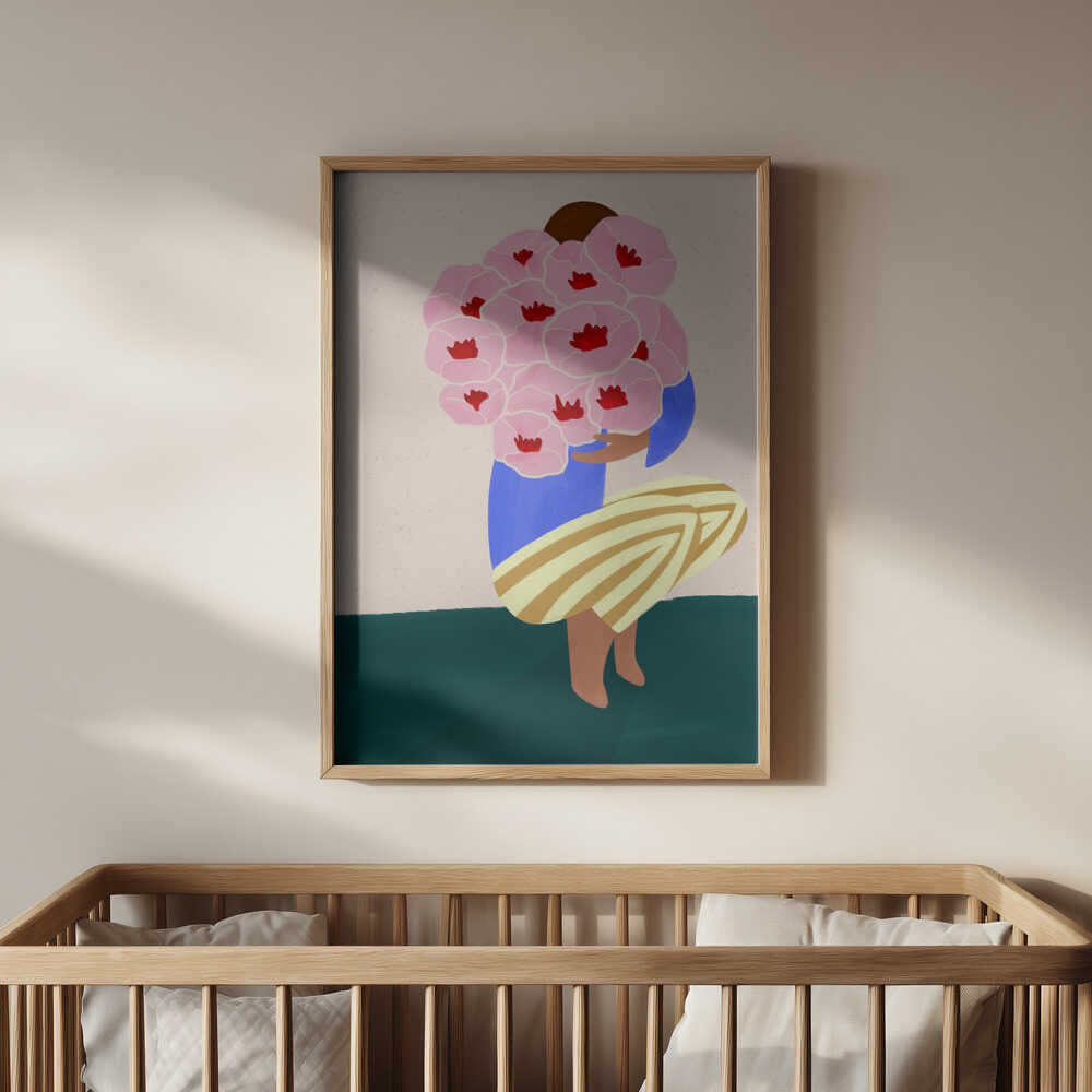 Poster of a person who's holding a big bouquet of pink flowers hanging above the baby's bed
