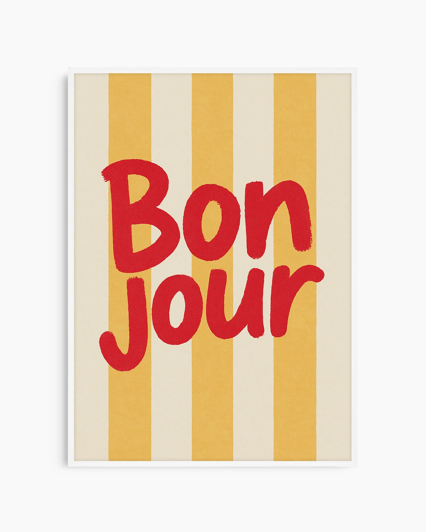 Poster with 'Bonjour' text in red on a striped yellow and beige background with a white frame.