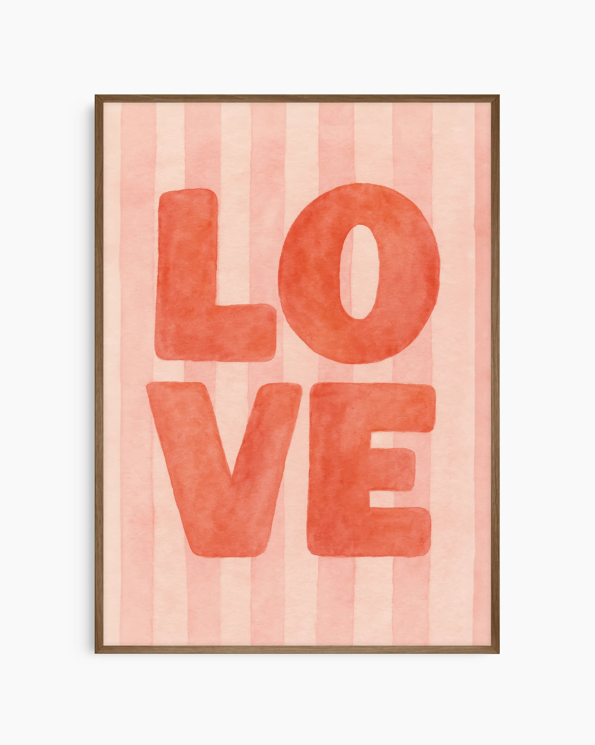 Children's poster with red 'LOVE' text on a striped pink background framed in a dark oak frame.