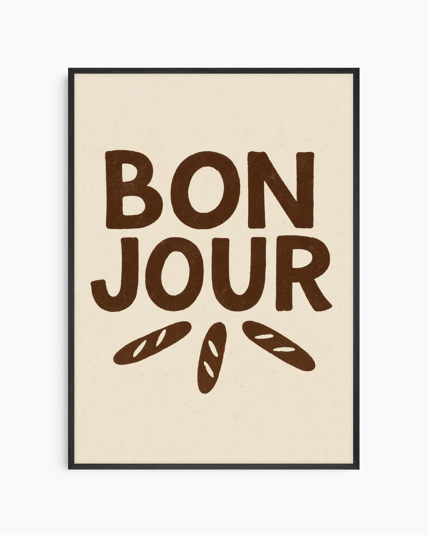 Beige poster with 'Bonjour' text and bread illustrations in brown framed in a black frame.