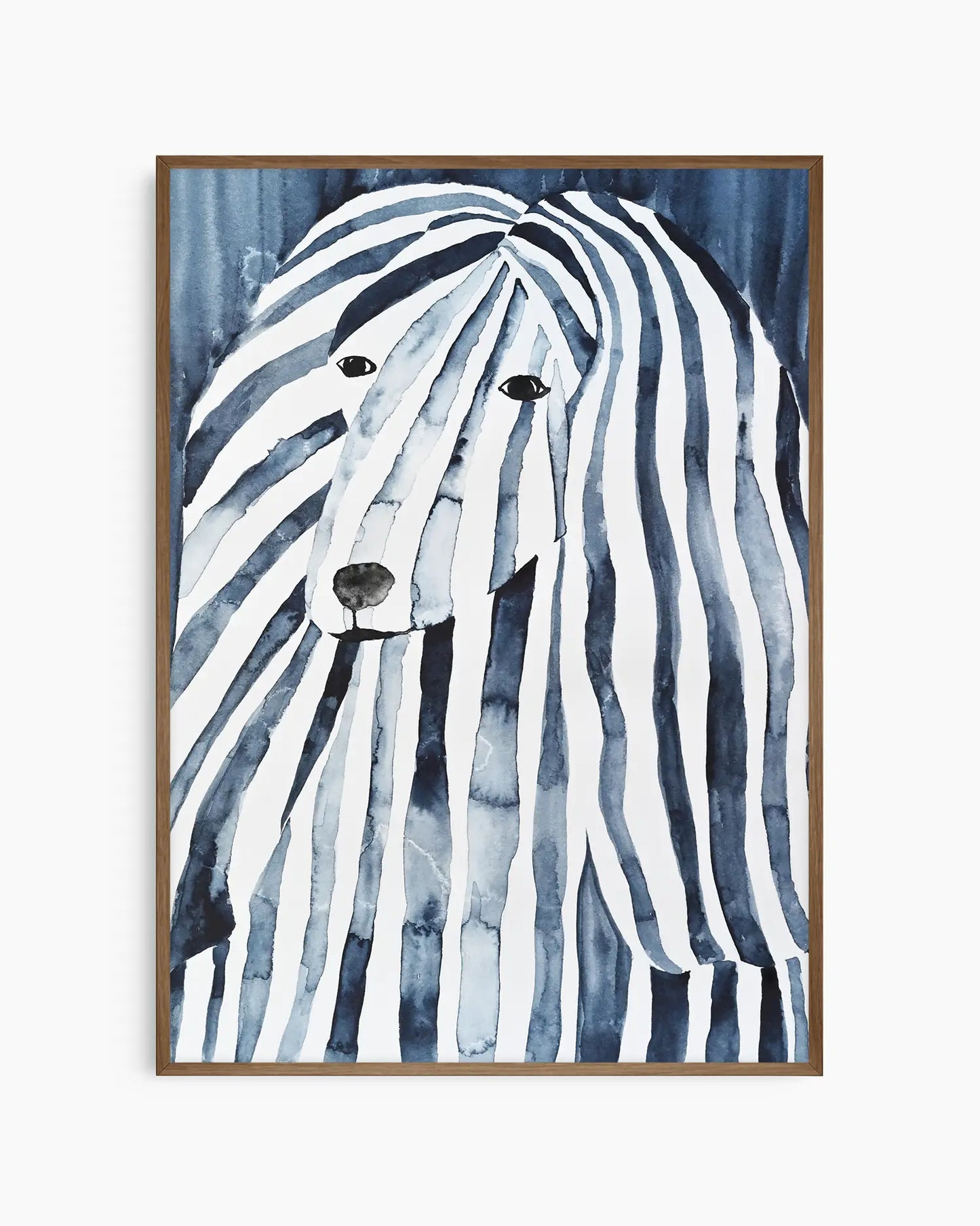 Watercolor painting of an afghan hound with blue and white stripes on a blue background framed in a dark oak frame