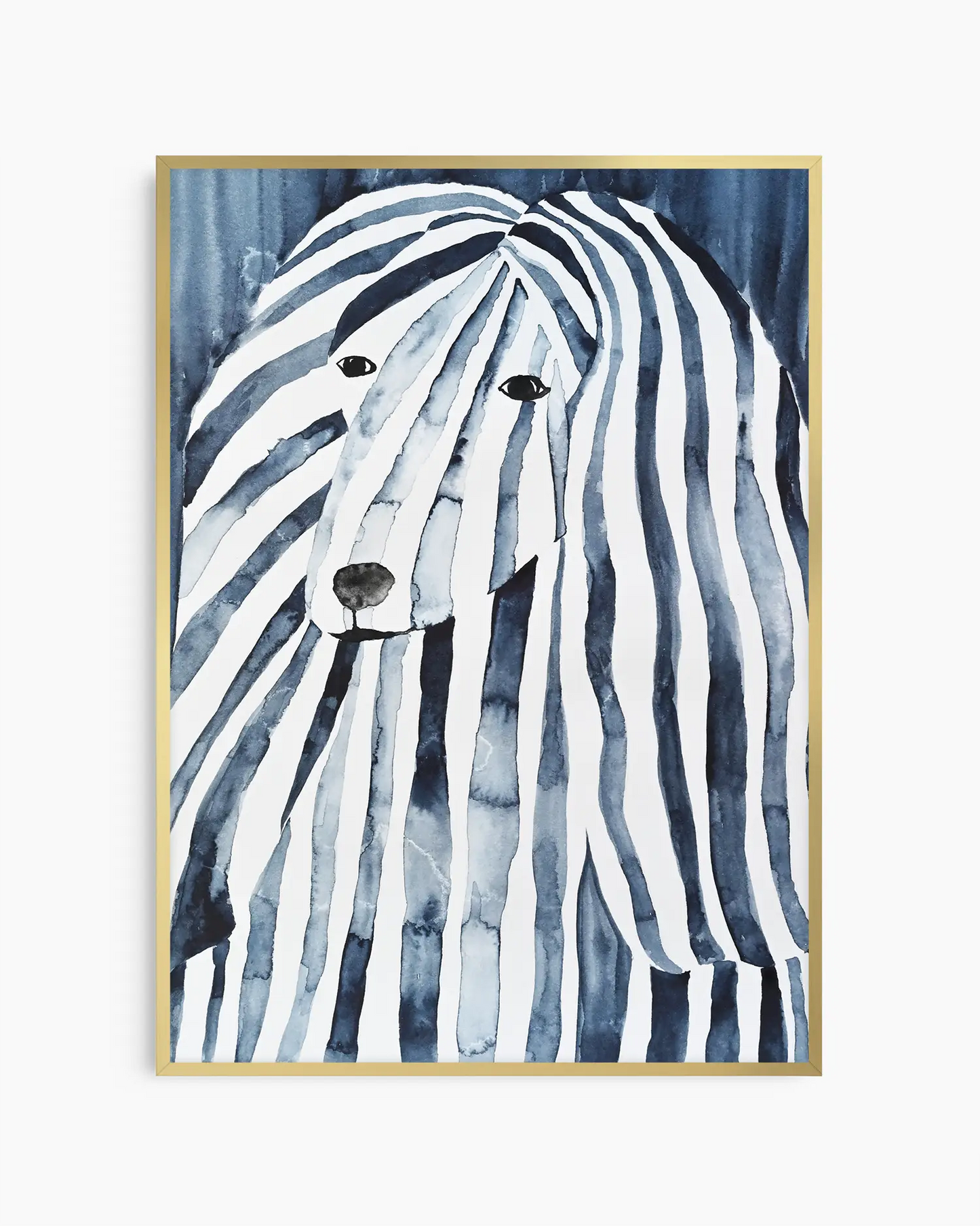 Watercolor painting of an afghan hound with blue and white stripes on a blue background framed in a gold frame