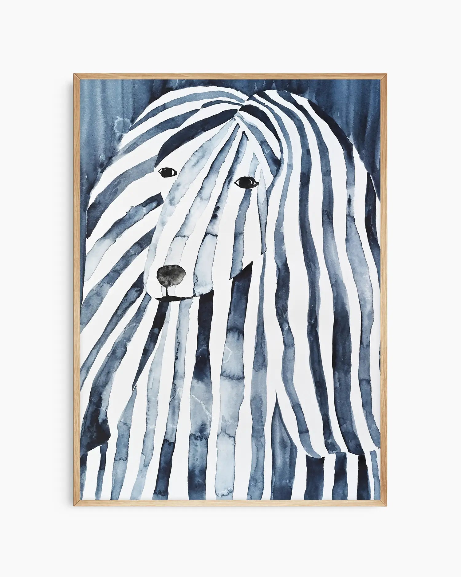 Watercolor painting of an afghan hound with blue and white stripes on a blue background framed in an oak frame