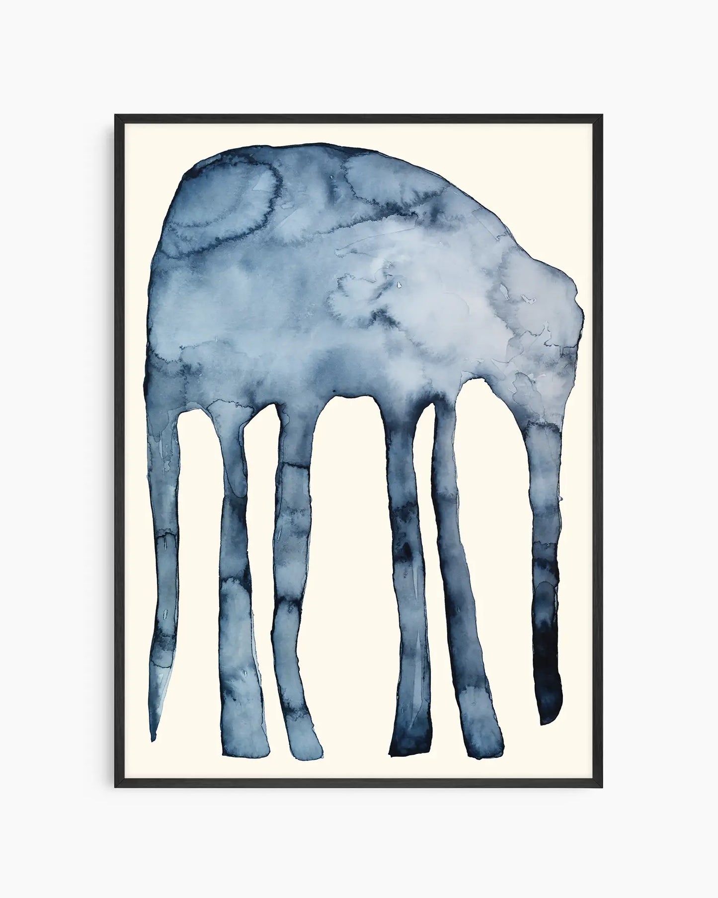 Blue watercolor painting of an elephant on a beige background inside of a black wooden frame