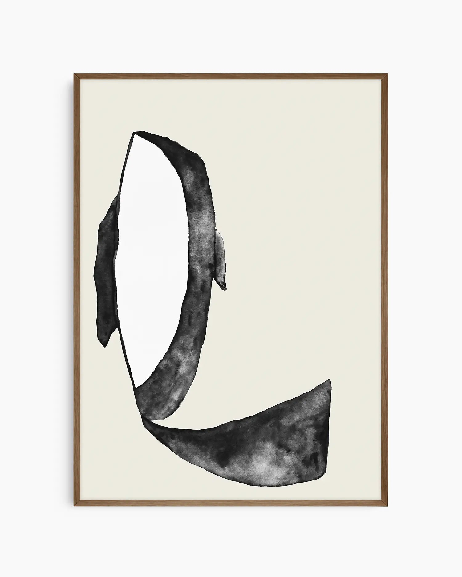 Children's poster of an orca on a beige background inside of a dark oak frame
