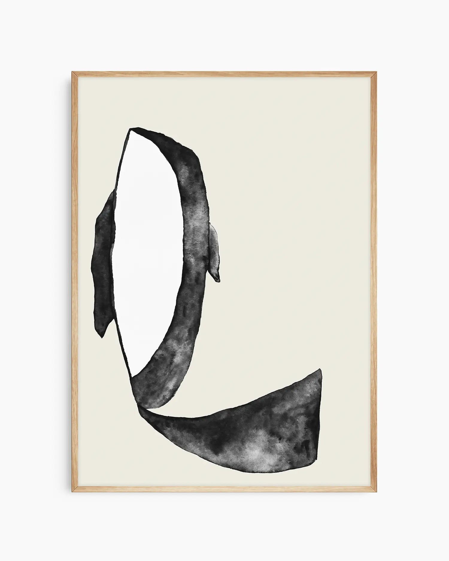 Children's poster of an orca on a beige background inside of an oak frame