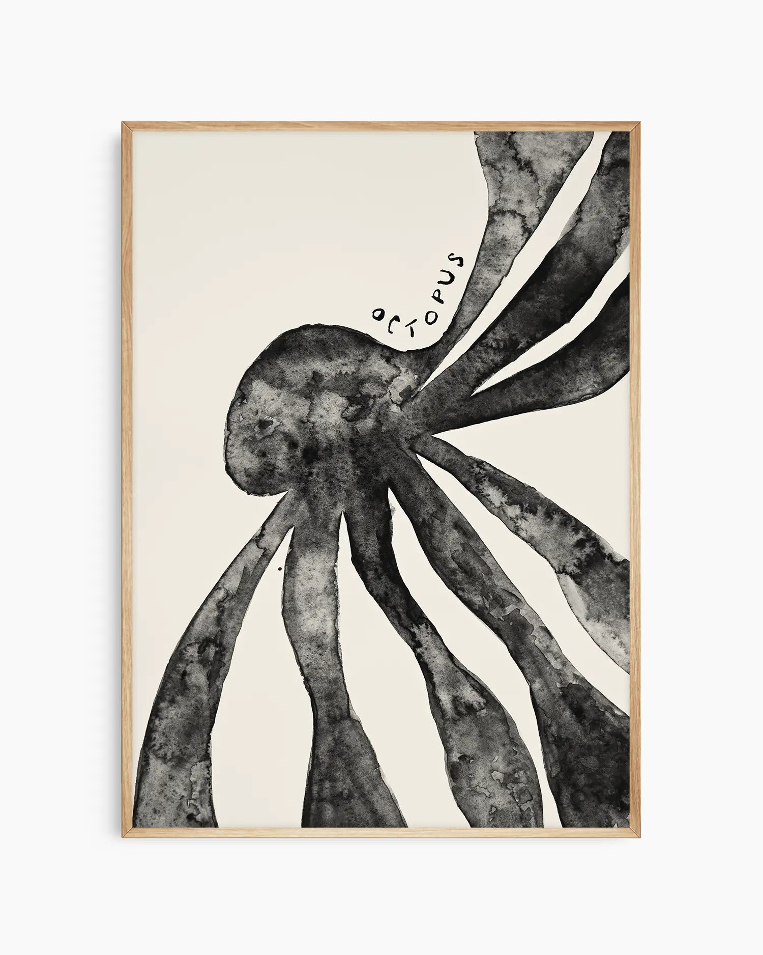 Black and white illustration of an octopus on a beige background inside of an oak frame