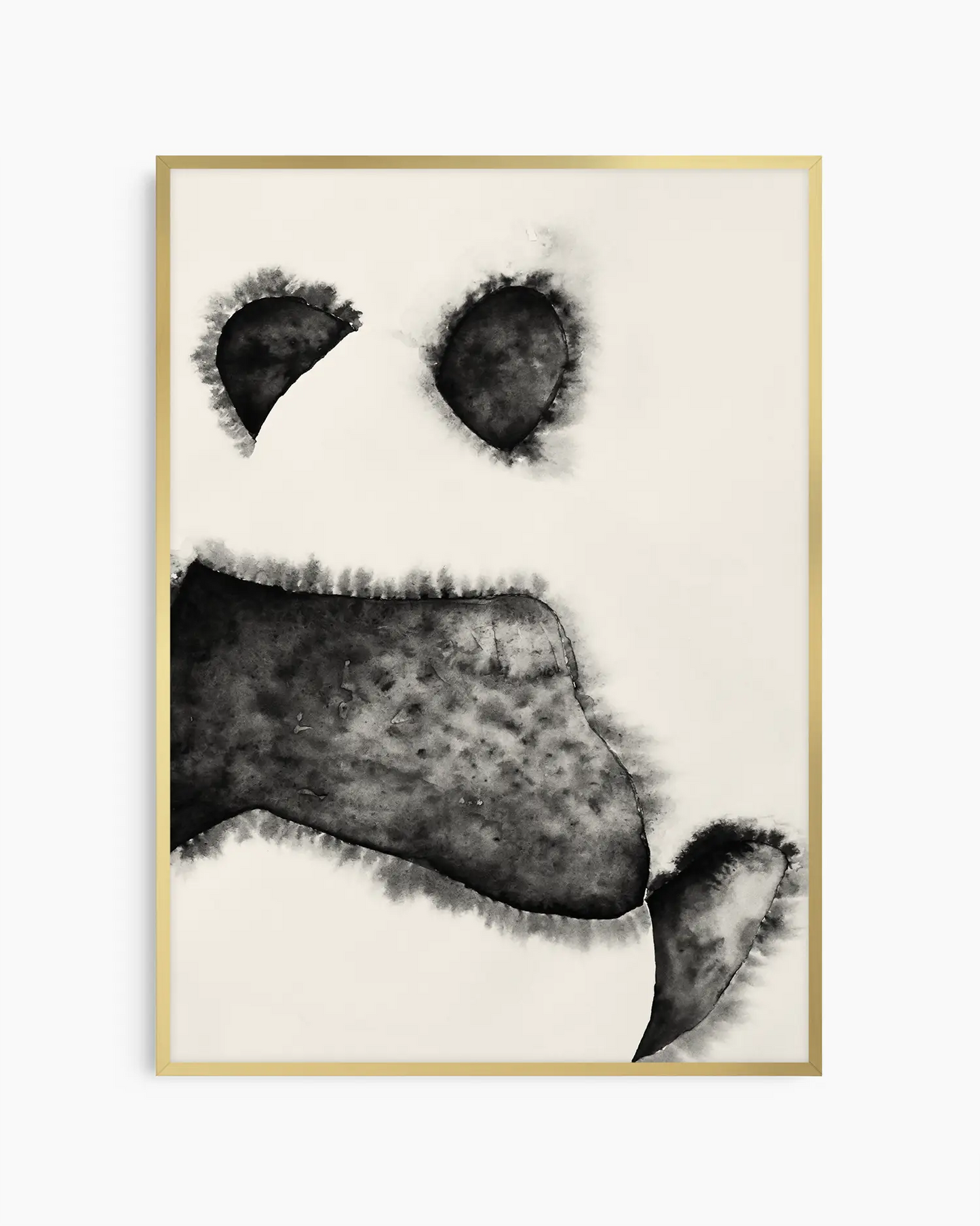 Black and white illustration of a panda bear's face on a beige background inside of a gold frame