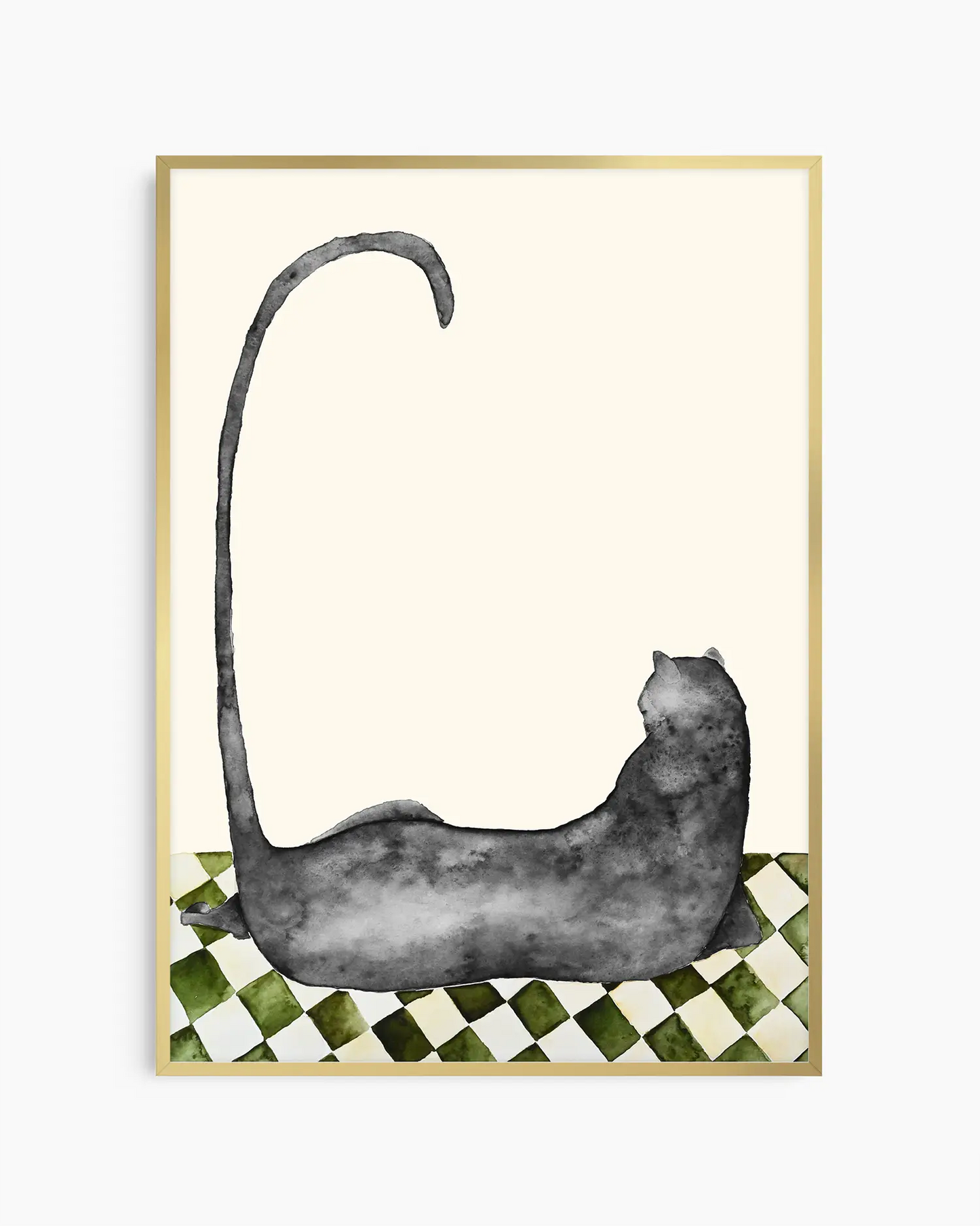 Illustration of a black cat lying on a checkered floor with a cream colored background framed in a gold frame.